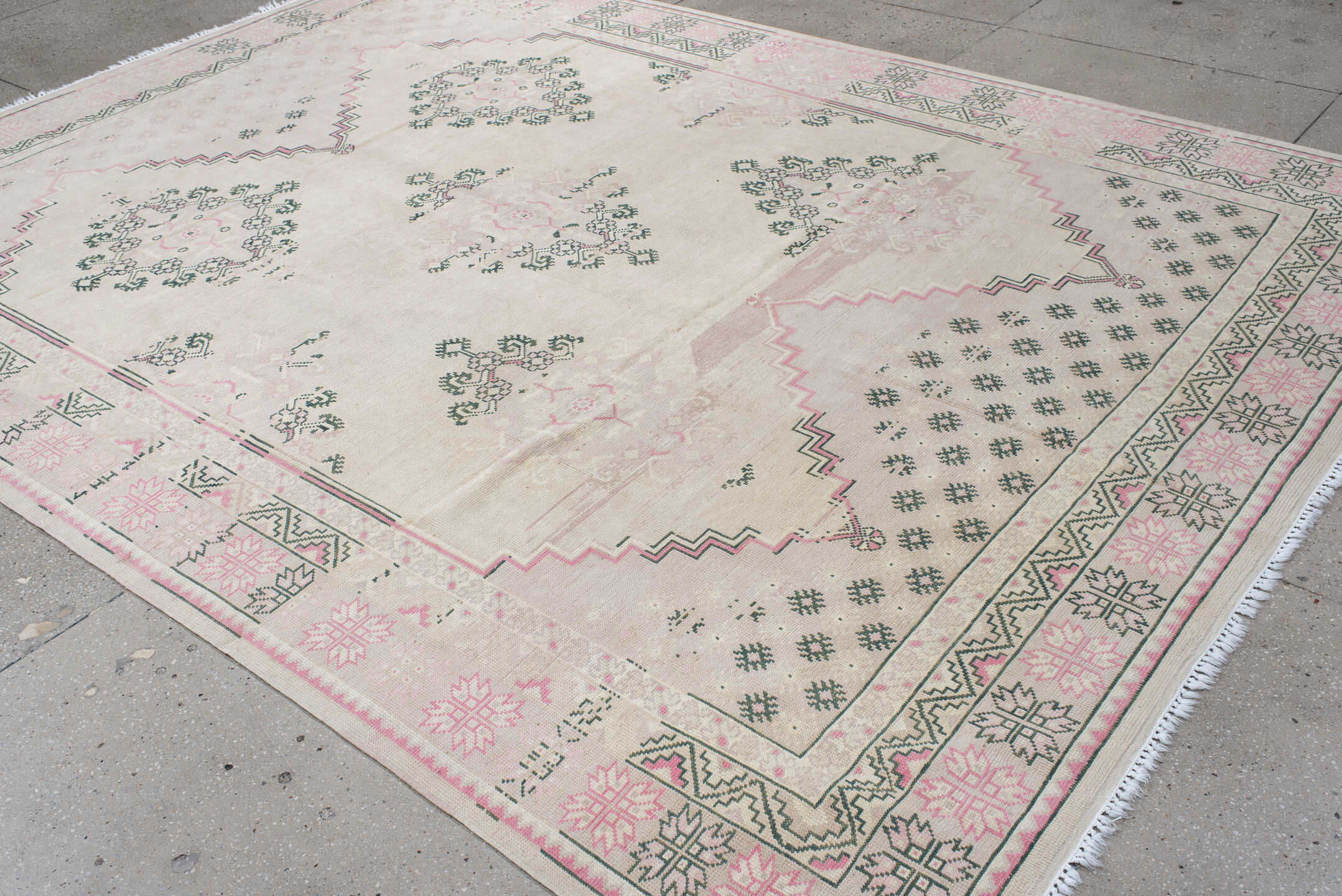 8' x 11' one-of-a-kind handmade antique Sivas large size rug. Color palette: ivory, blush, sage, cream, taupe, pink, green