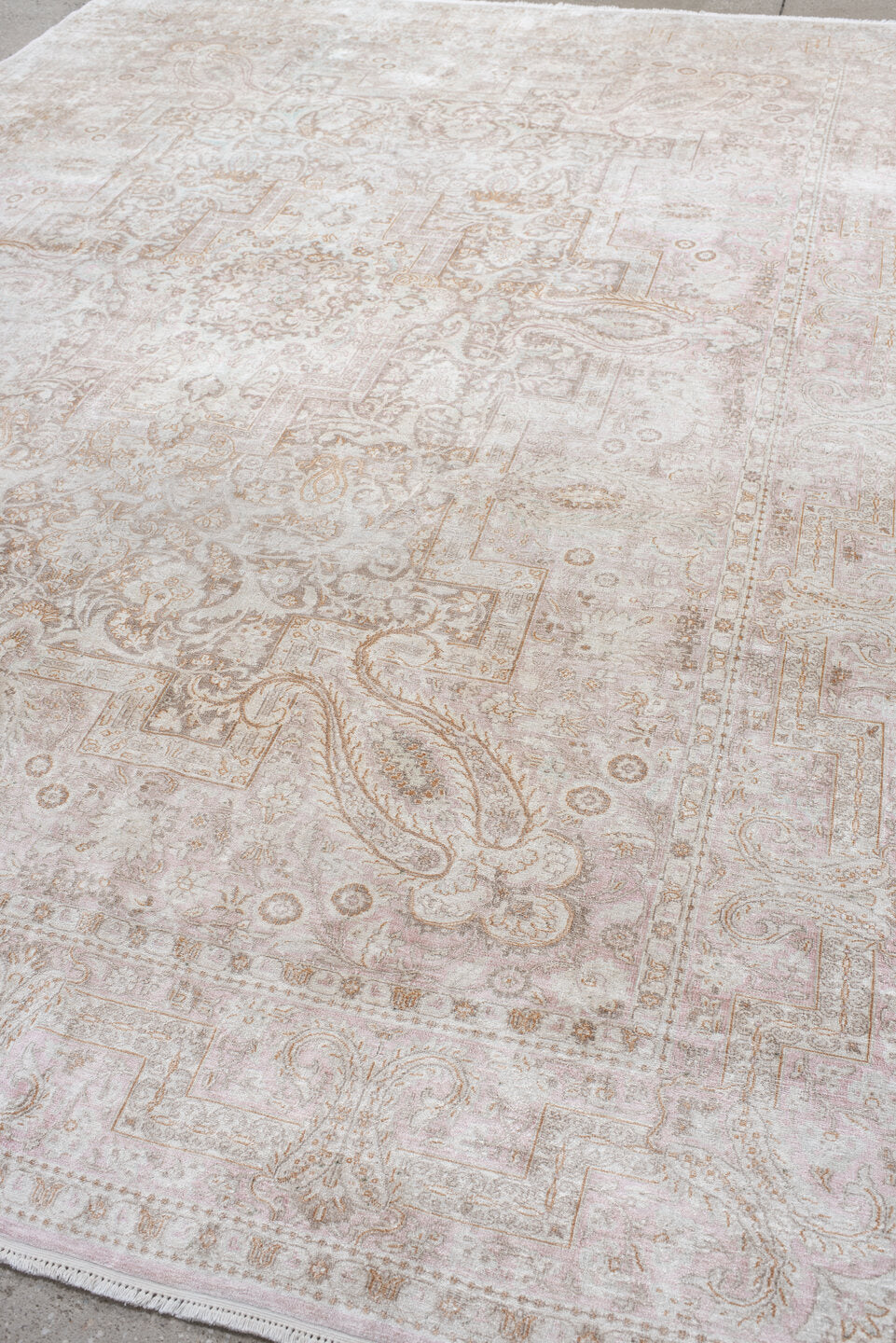 7' x 11' one-of-a-kind handmade antique Kashmir large size rug. Color palette: ivory, blush, taupe, beige, camel, pale gold
