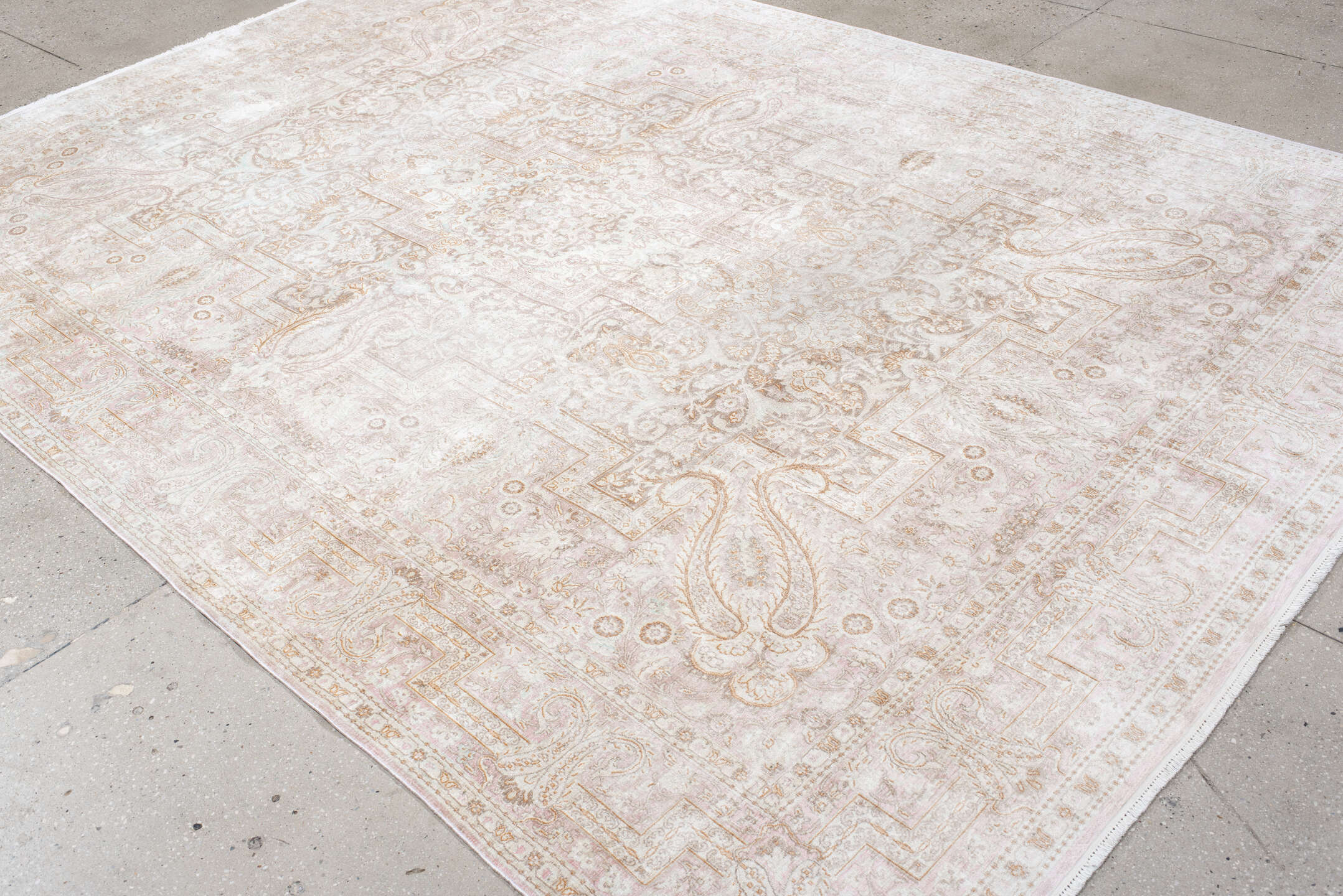 7' x 11' one-of-a-kind handmade antique Kashmir large size rug. Color palette: ivory, blush, taupe, beige, camel, pale gold
