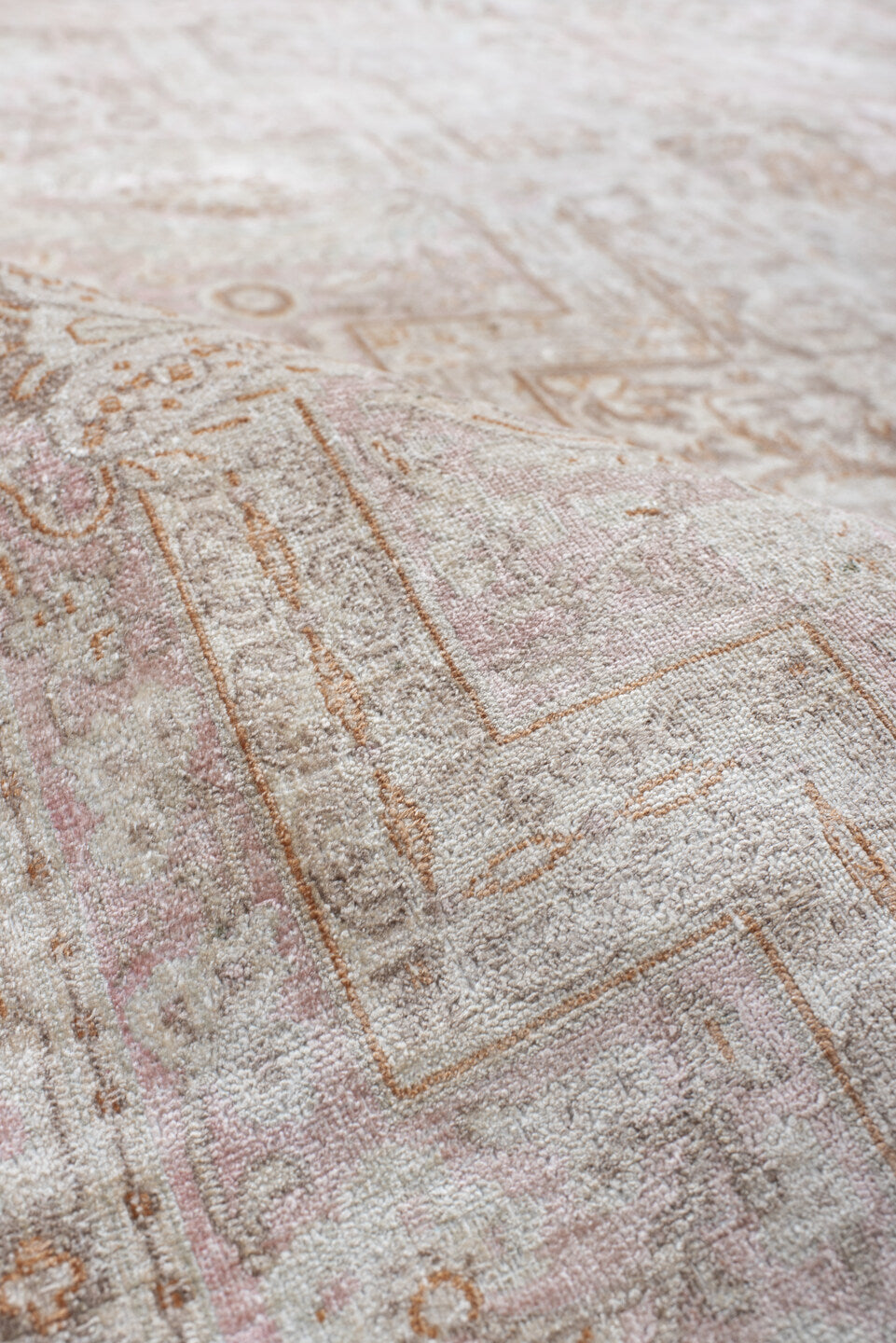 7' x 11' one-of-a-kind handmade antique Kashmir large size rug. Color palette: ivory, blush, taupe, beige, camel, pale gold