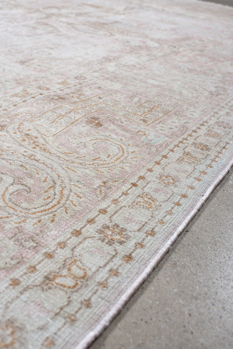 7' x 11' one-of-a-kind handmade antique Kashmir large size rug. Color palette: ivory, blush, taupe, beige, camel, pale gold