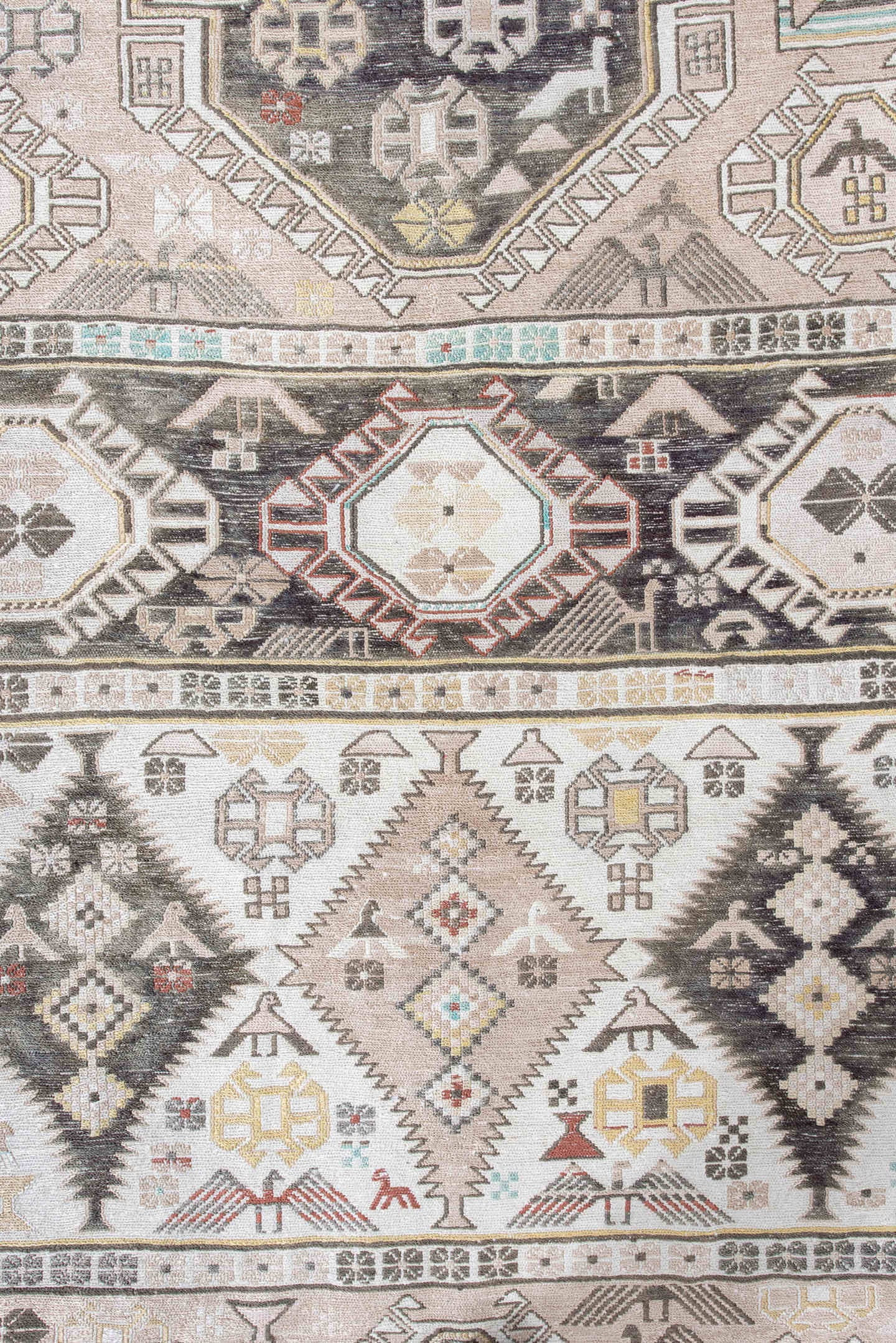 4' x 6' one-of-a-kind handmade antique Sumak small size rug. Color palette: ivory, charcoal, taupe, soft blue, rust, camel