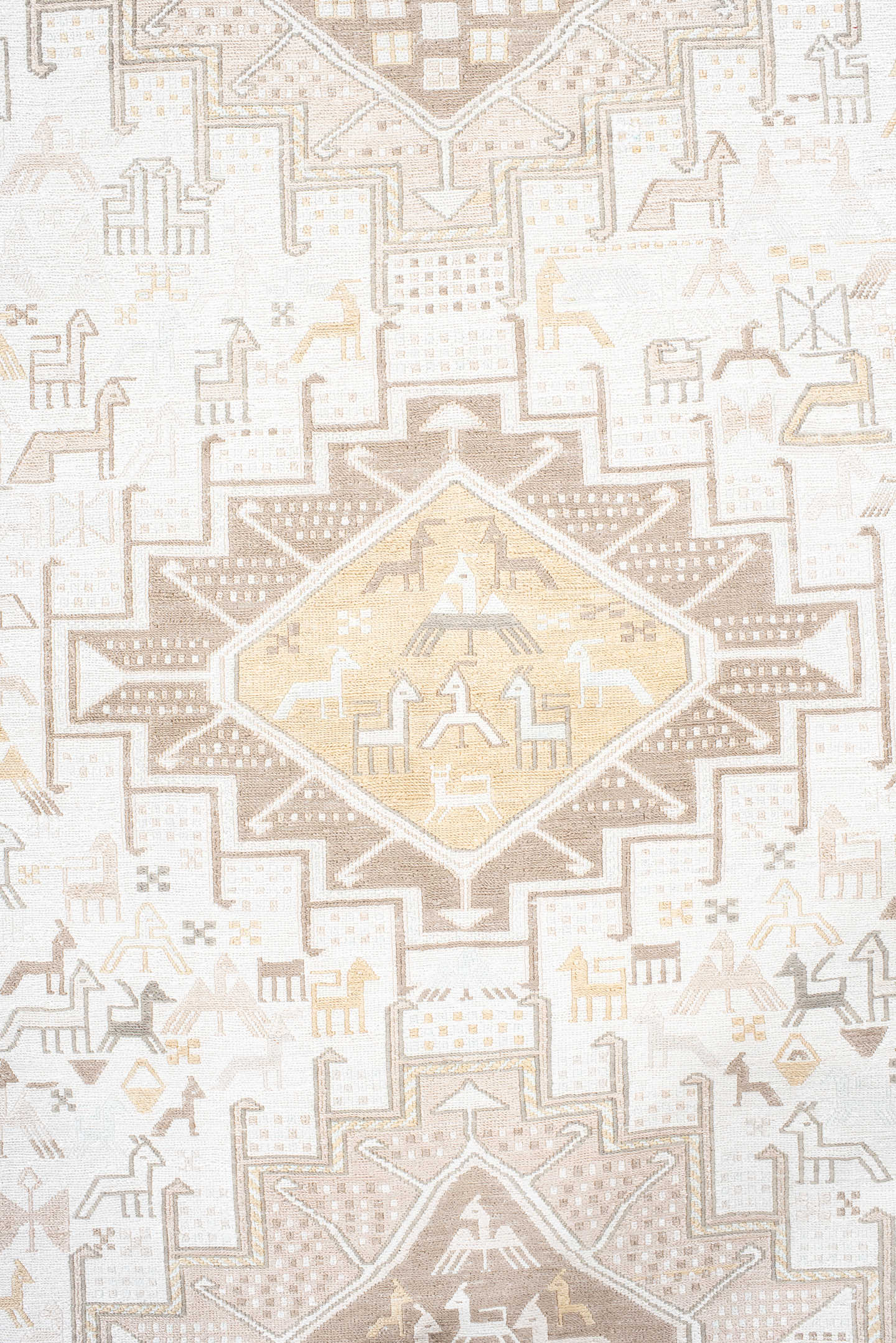 3' x 5' one-of-a-kind handmade vintage Sumak small size rug. Color palette: ivory, beige, taupe, cream, pale gold, camel