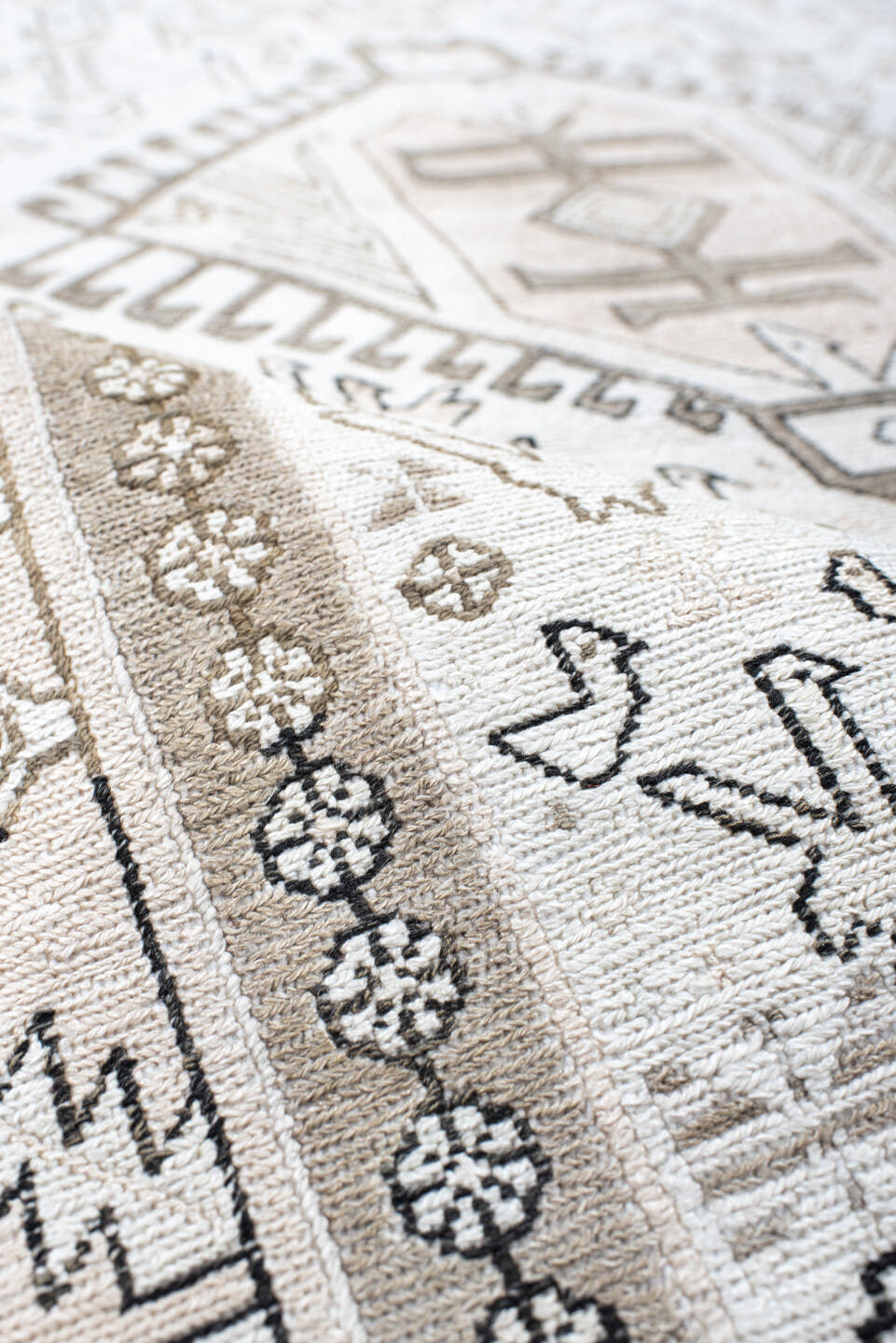 3' x 5' one-of-a-kind handmade antique Sumak small size rug. Color palette: ivory, taupe, brown, camel, gray, beige