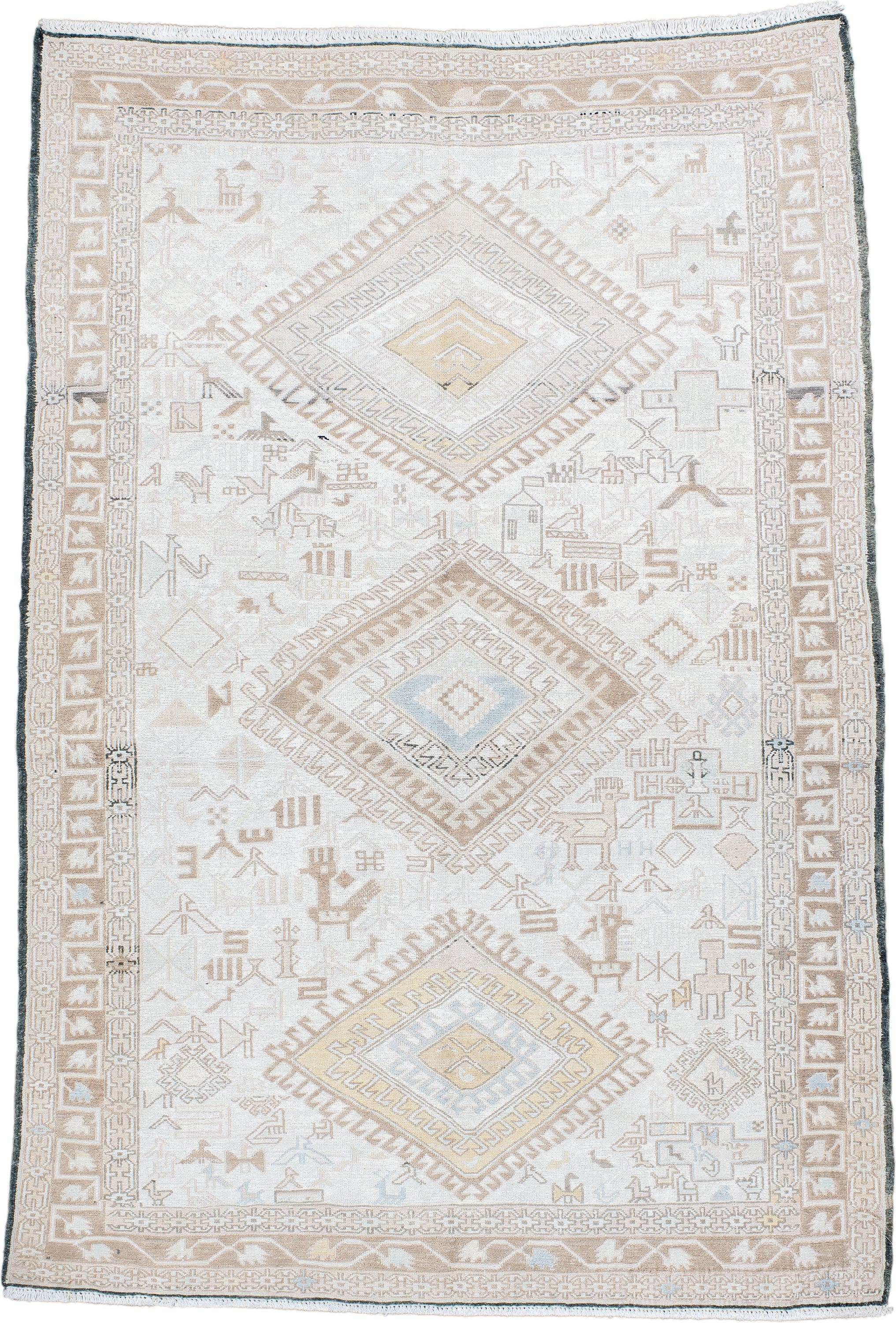 4' x 5' one-of-a-kind handmade antique Sumak small size rug. Color palette: ivory, camel, taupe, pale blue, soft gold, beige
