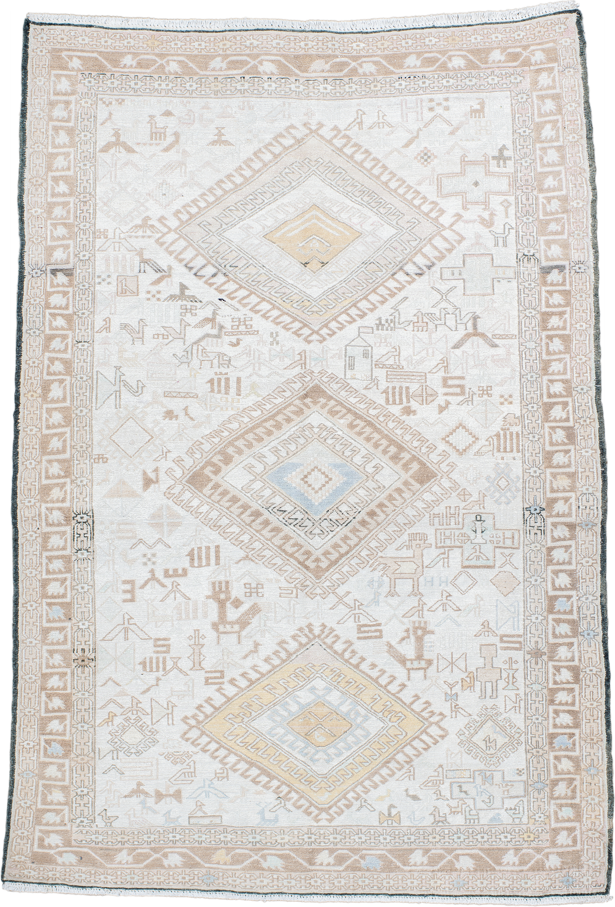 4' x 5' one-of-a-kind handmade antique Sumak small size rug. Color palette: ivory, camel, taupe, pale blue, soft gold, beige