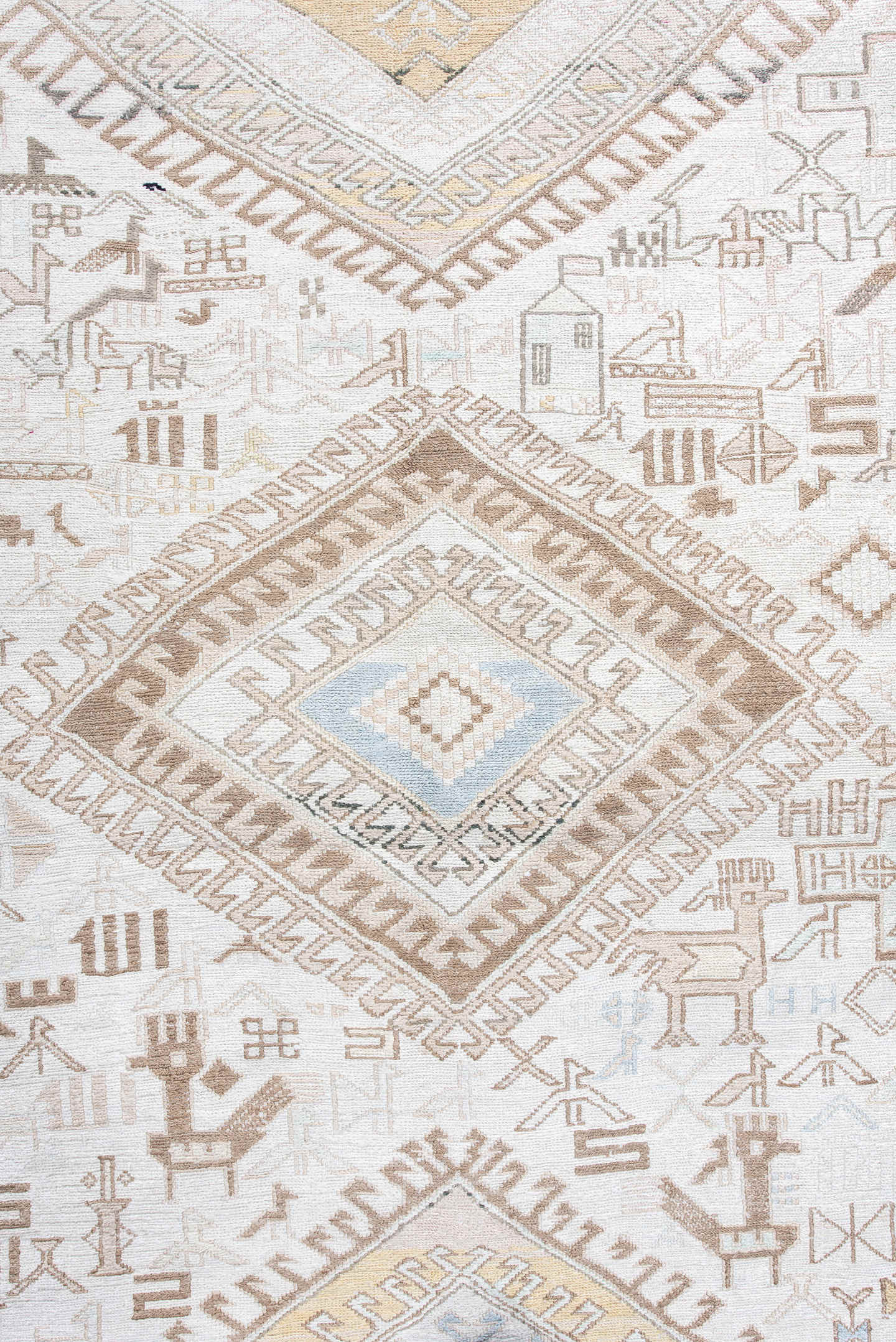 4' x 5' one-of-a-kind handmade antique Sumak small size rug. Color palette: ivory, camel, taupe, pale blue, soft gold, beige
