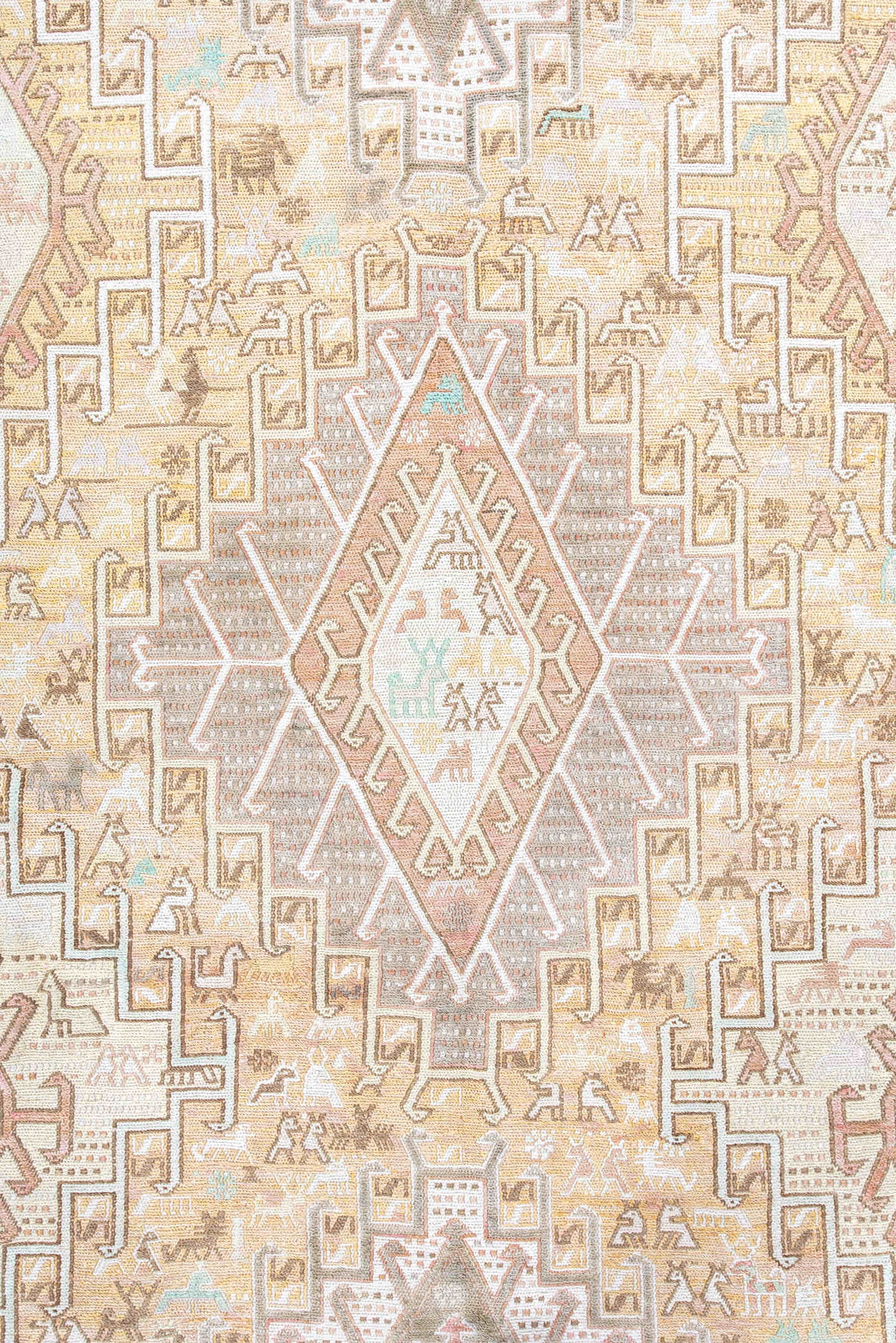 3' x 6' one-of-a-kind handmade antique Sumak small size rug. Color palette: ivory, taupe, sand, blush, pale aqua, camel