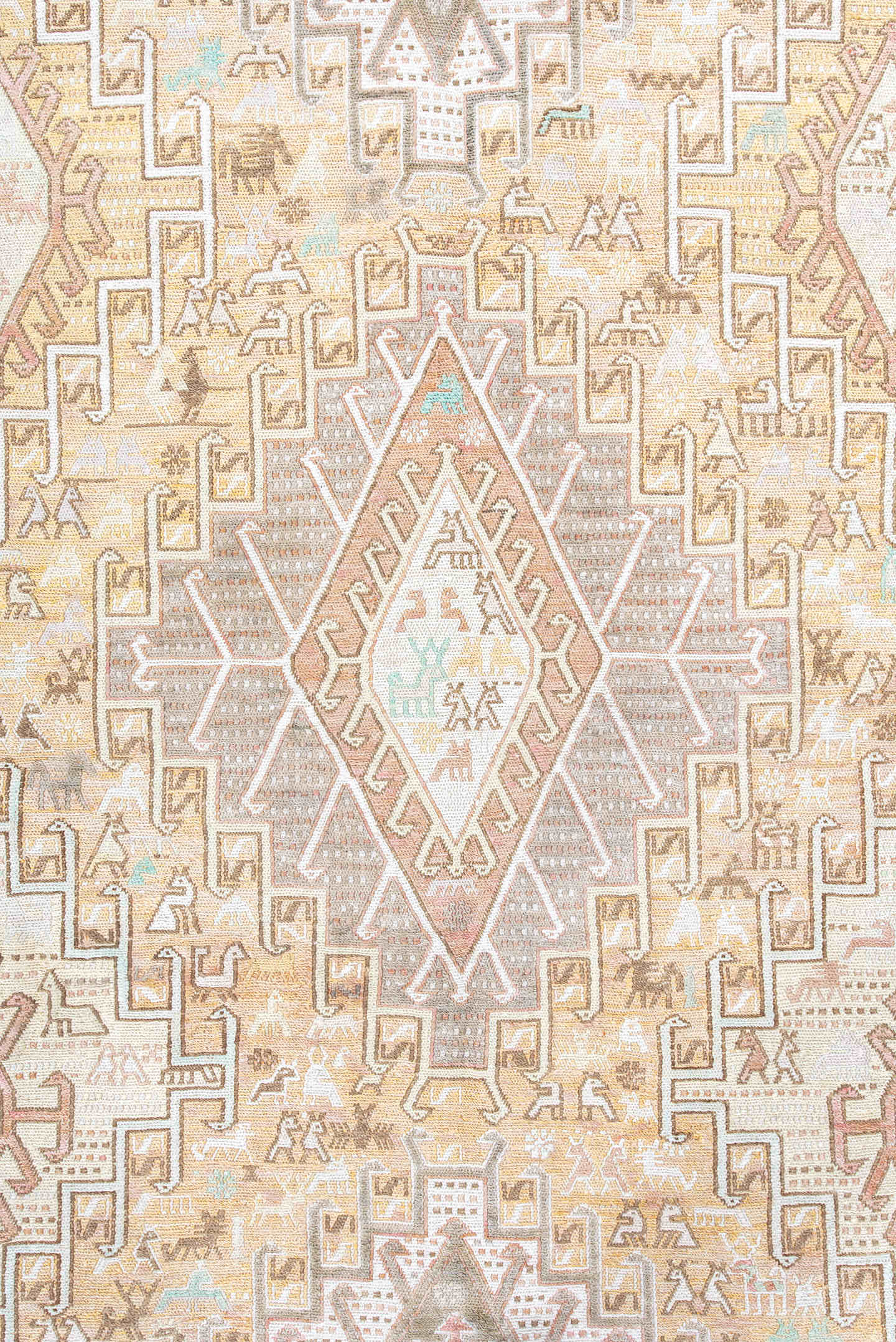 3' x 6' one-of-a-kind handmade antique Sumak small size rug. Color palette: ivory, taupe, sand, blush, pale aqua, camel