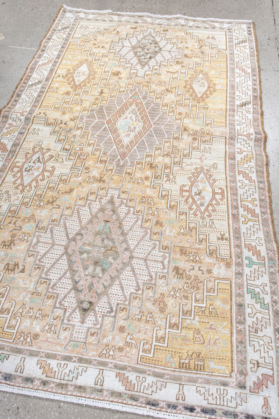3' x 6' one-of-a-kind handmade antique Sumak small size rug. Color palette: ivory, taupe, sand, blush, pale aqua, camel
