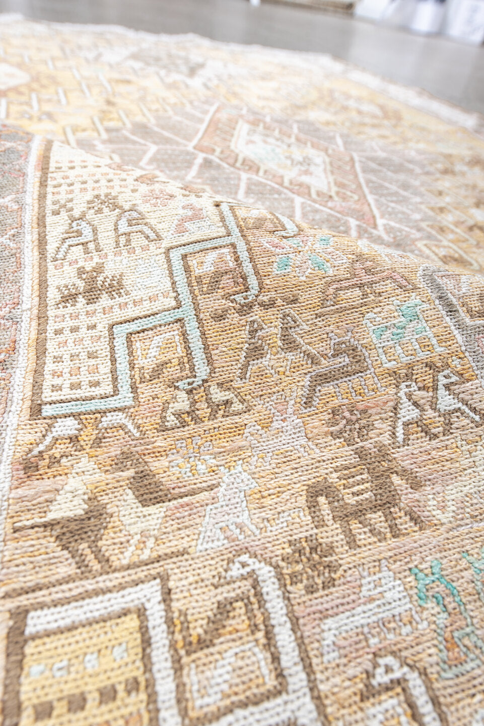 3' x 6' one-of-a-kind handmade antique Sumak small size rug. Color palette: ivory, taupe, sand, blush, pale aqua, camel