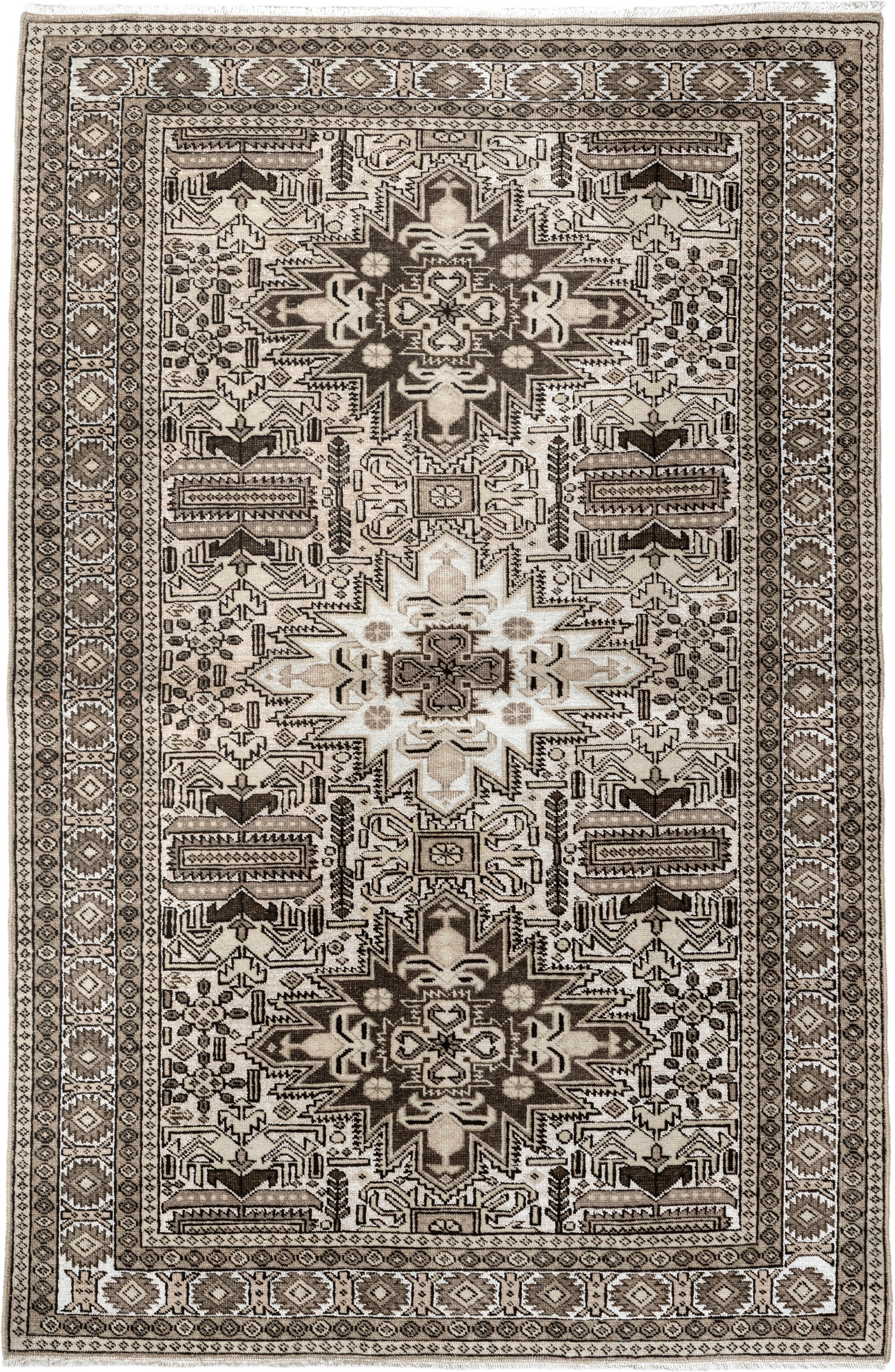 3' x 4' one-of-a-kind handmade vintage Ardebil small size rug. Color palette: ivory, brown, taupe, camel, charcoal, beige