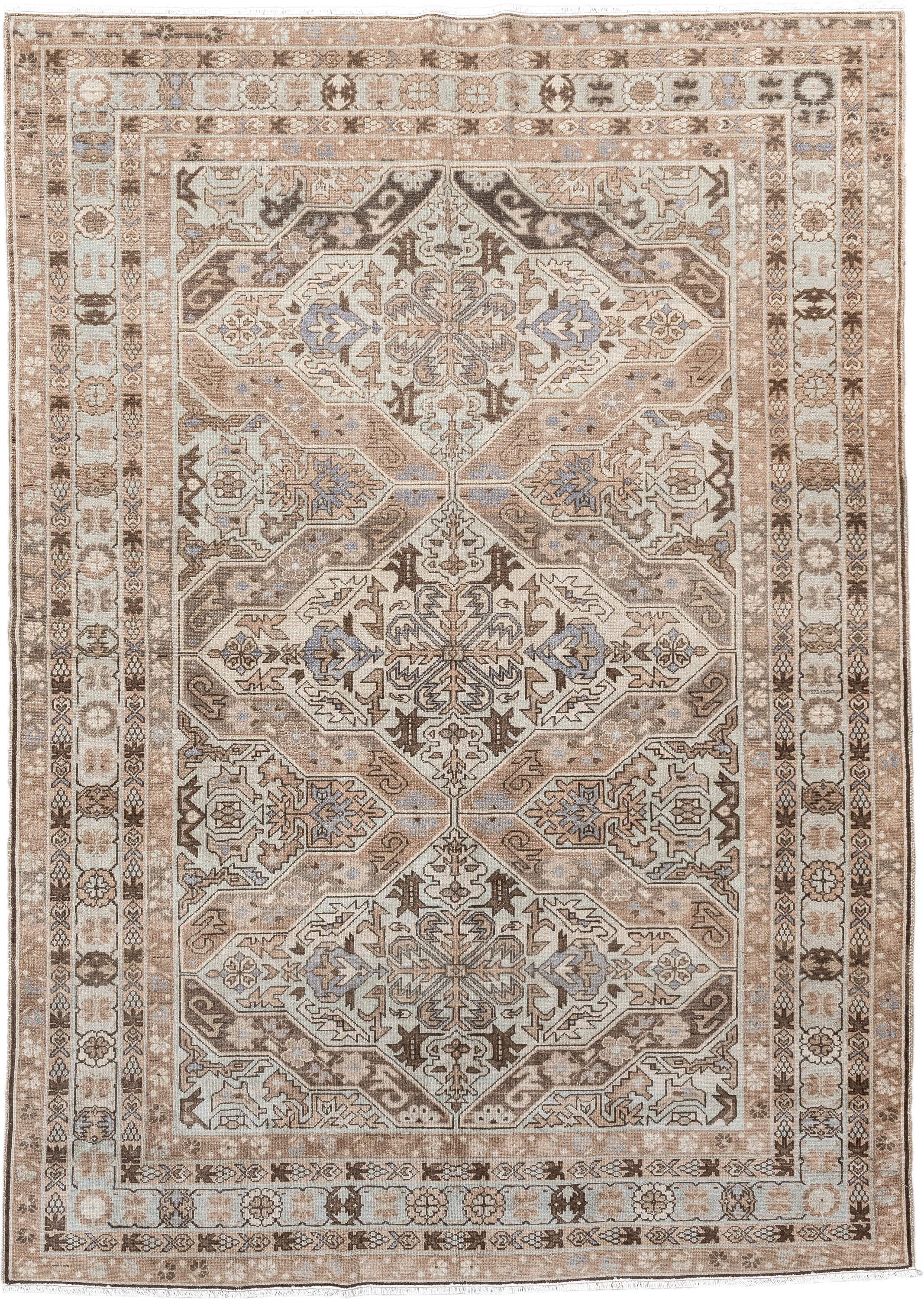 5' x 8' one-of-a-kind handmade antique Malayer medium size rug. Color palette: ivory, taupe, brown, beige, pale blue, camel