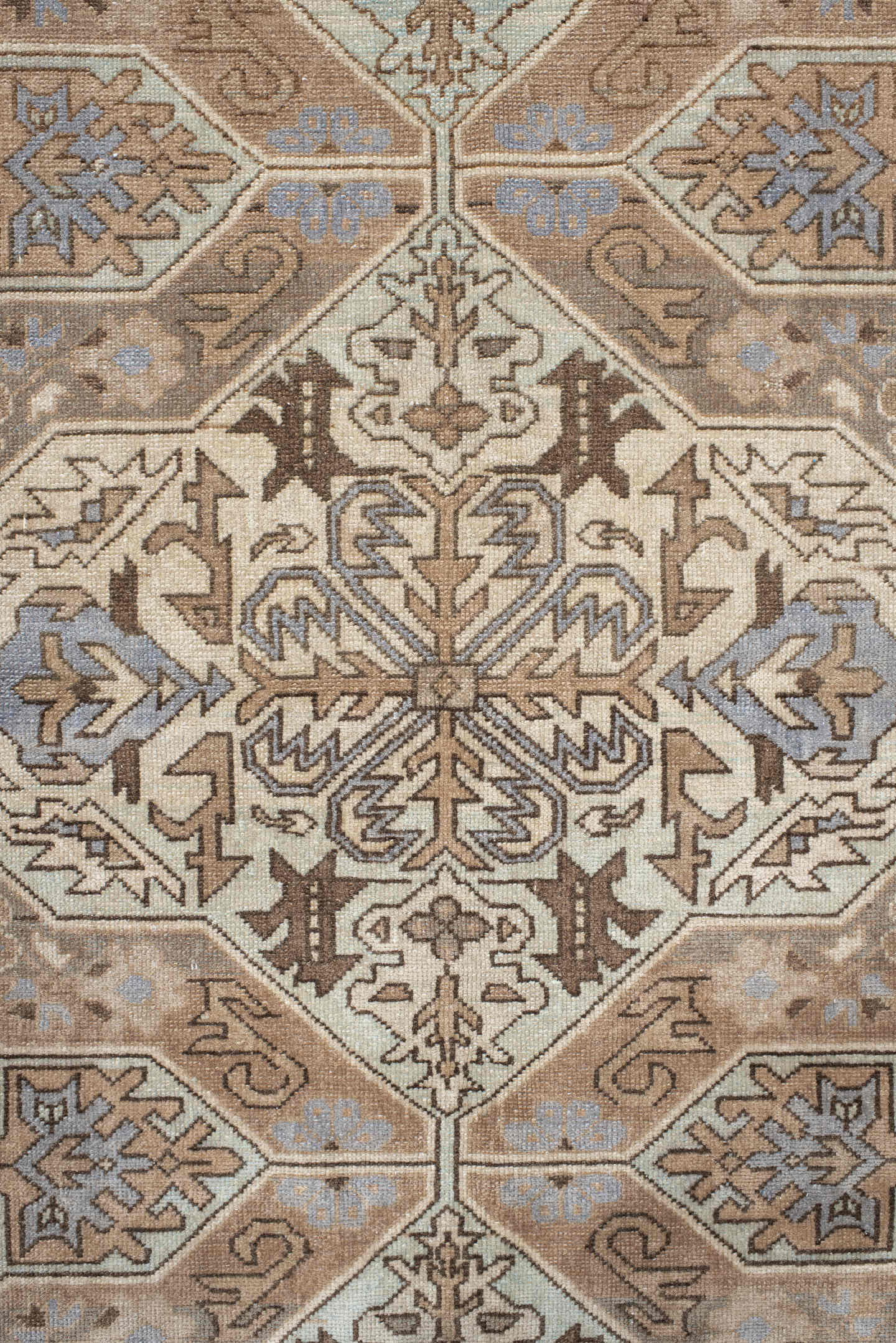 5' x 8' one-of-a-kind handmade antique Malayer medium size rug. Color palette: ivory, taupe, brown, beige, pale blue, camel