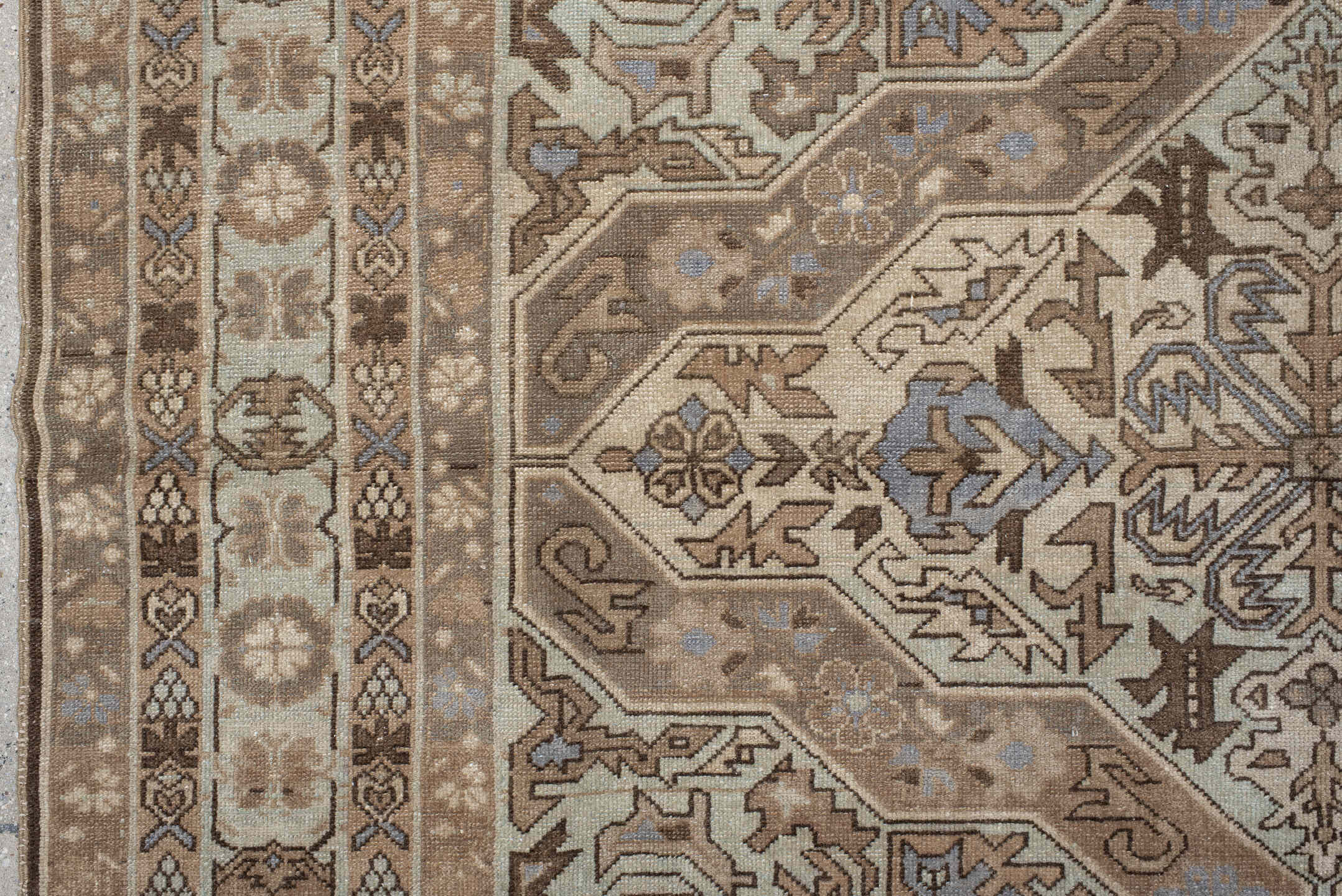 5' x 8' one-of-a-kind handmade antique Malayer medium size rug. Color palette: ivory, taupe, brown, beige, pale blue, camel