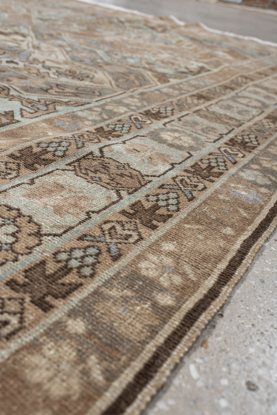 5' x 8' one-of-a-kind handmade antique Malayer medium size rug. Color palette: ivory, taupe, brown, beige, pale blue, camel