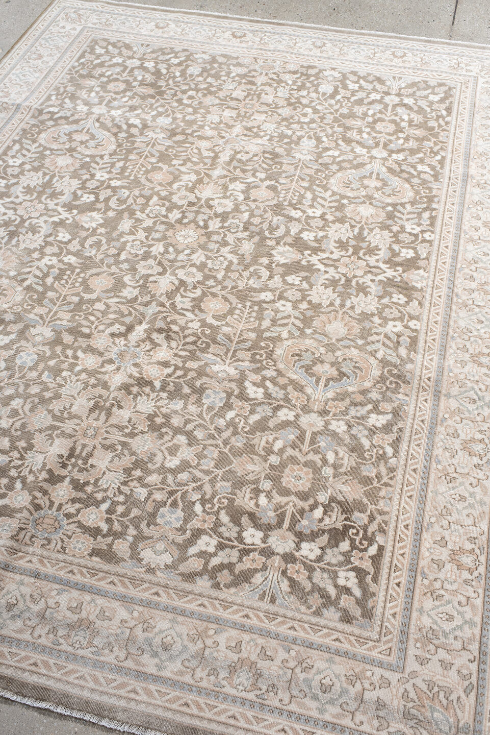 6' x 7' one-of-a-kind handmade antique Sivas rug. Color palette: taupe, ivory, beige, blush, pale blue, cream, sand, gray