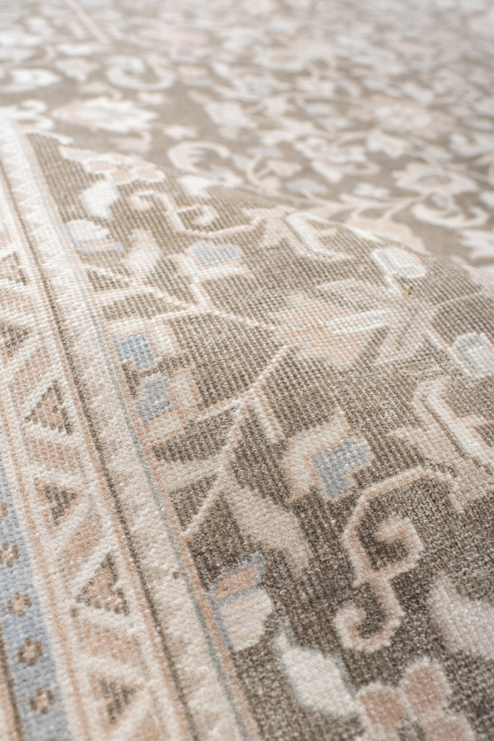 6' x 7' one-of-a-kind handmade antique Sivas rug. Color palette: taupe, ivory, beige, blush, pale blue, cream, sand, gray