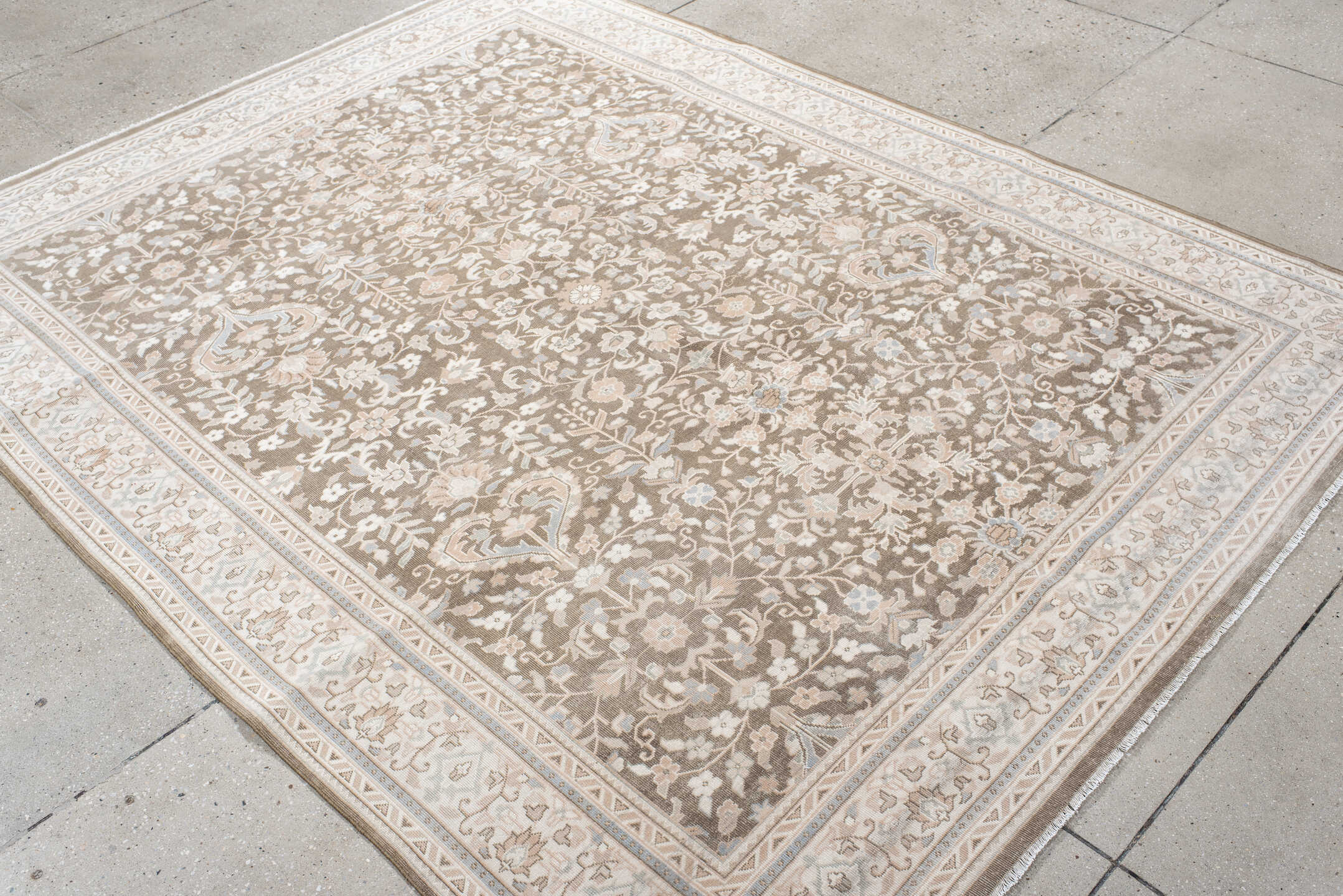6' x 7' one-of-a-kind handmade antique Sivas rug. Color palette: taupe, ivory, beige, blush, pale blue, cream, sand, gray