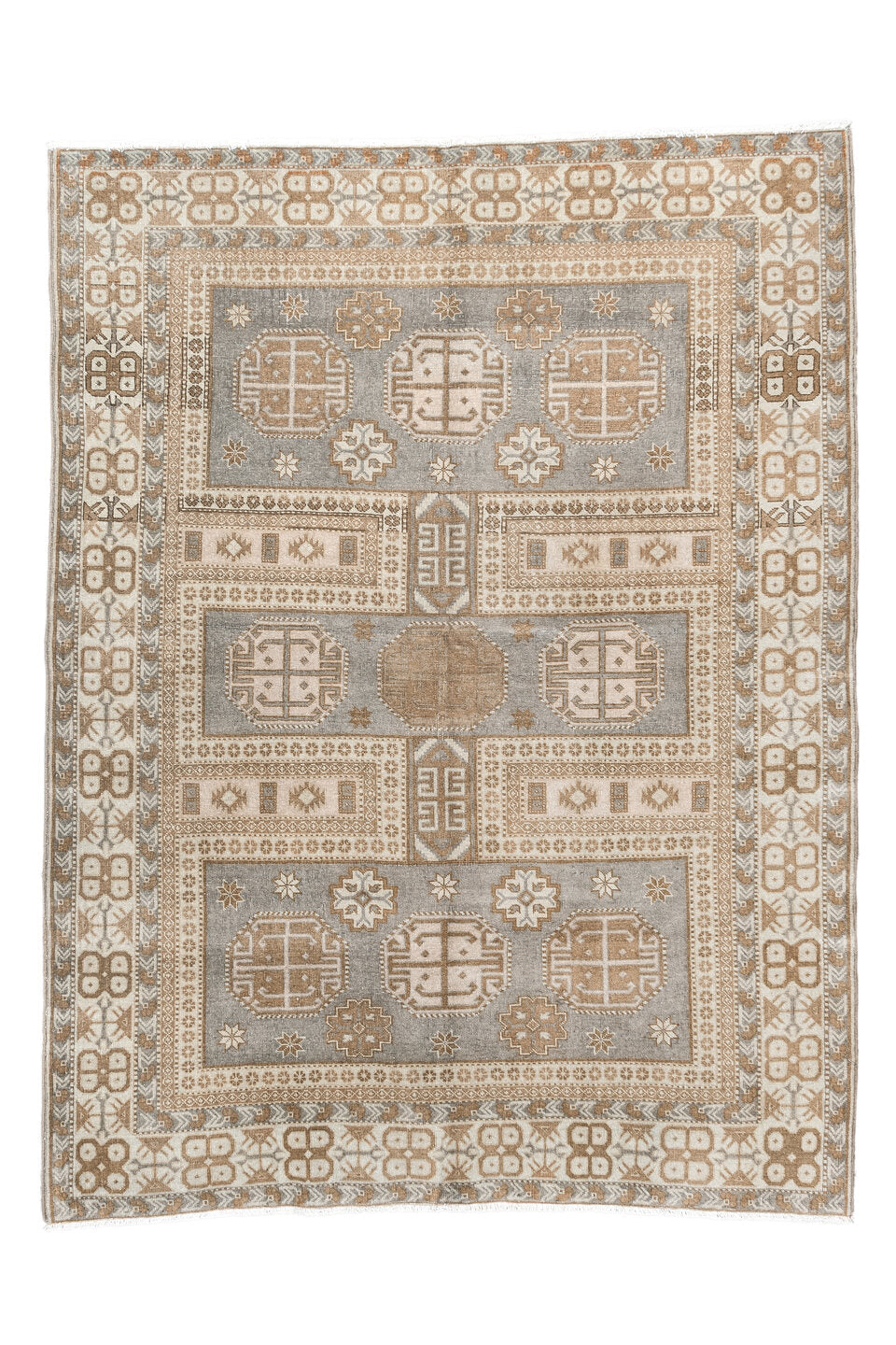 4' x 5' one-of-a-kind handmade vintage Sivas small size rug. Color palette: off-white, light gray, gray, brown, orange