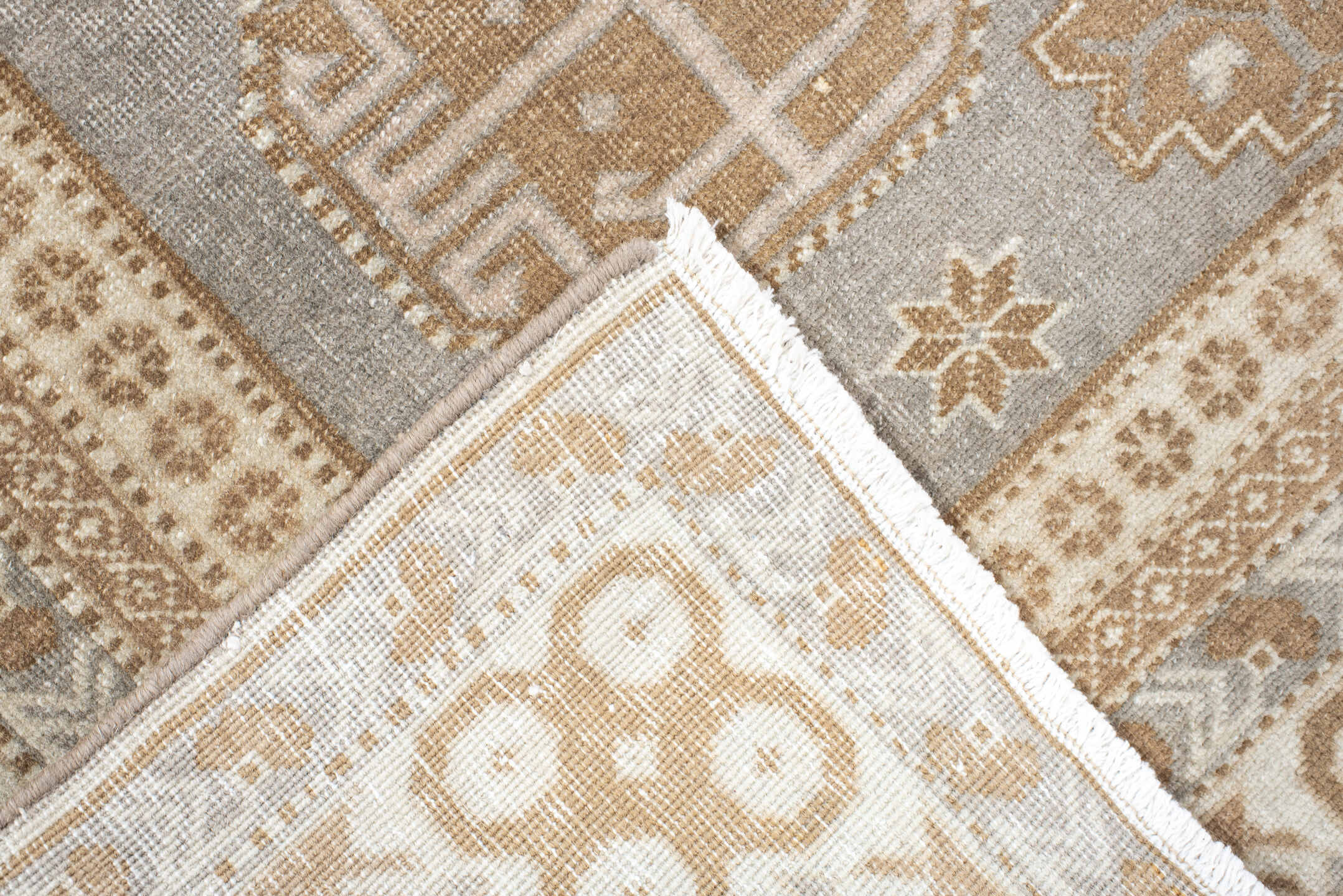 4' x 5' one-of-a-kind handmade vintage Sivas small size rug. Color palette: off-white, light gray, gray, brown, orange