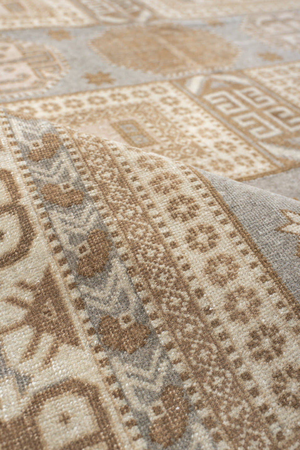 4' x 5' one-of-a-kind handmade vintage Sivas small size rug. Color palette: ivory, taupe, gray, camel, beige