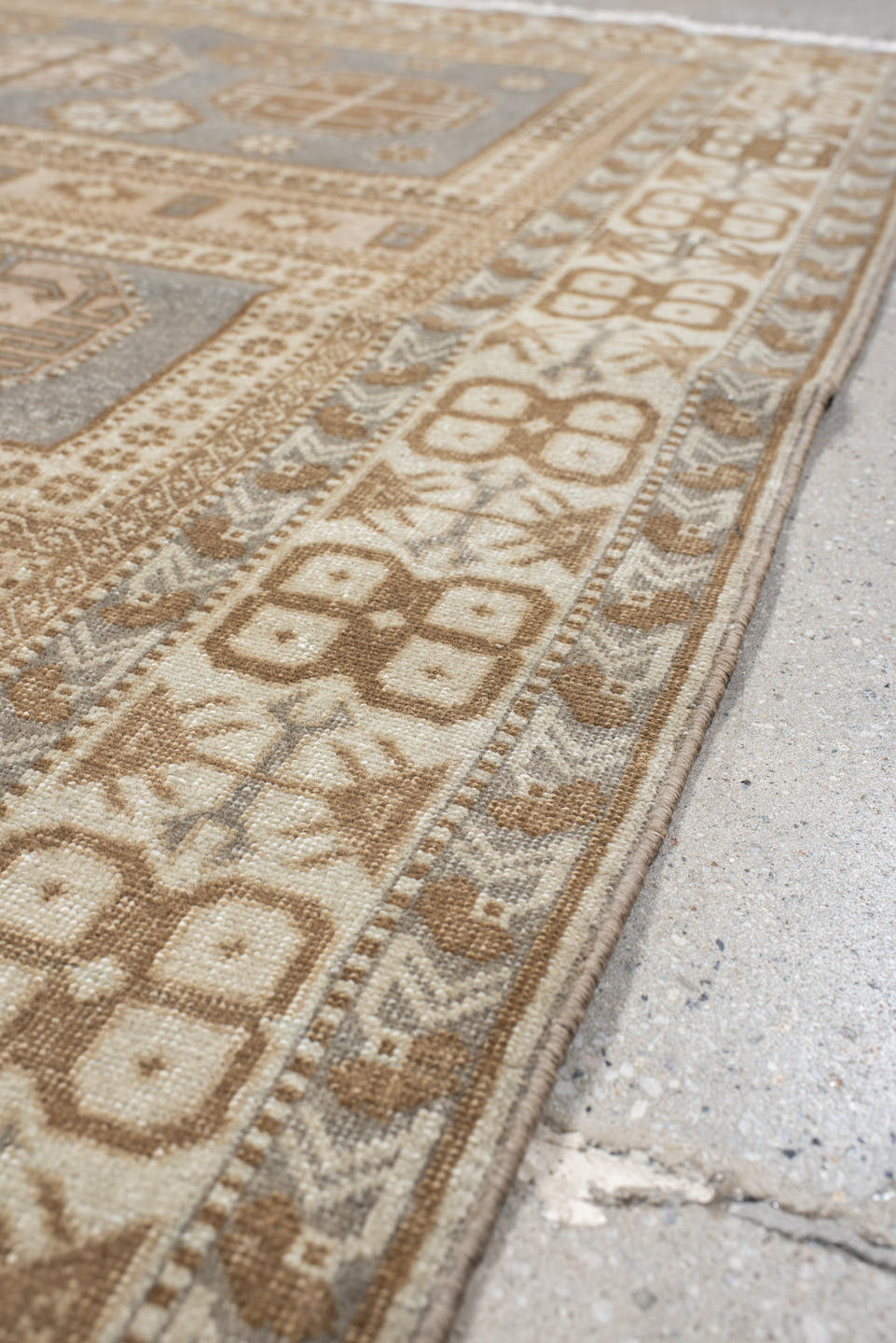 4' x 5' one-of-a-kind handmade vintage Sivas small size rug. Color palette: ivory, taupe, gray, camel, beige