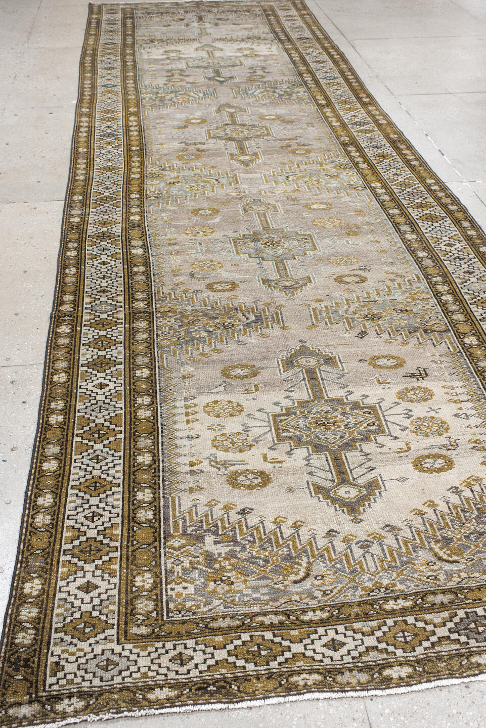 4' x 15' one-of-a-kind handmade vintage NW Persian runner rug. Color palette: ivory, taupe, camel, brown, slate, beige, gray