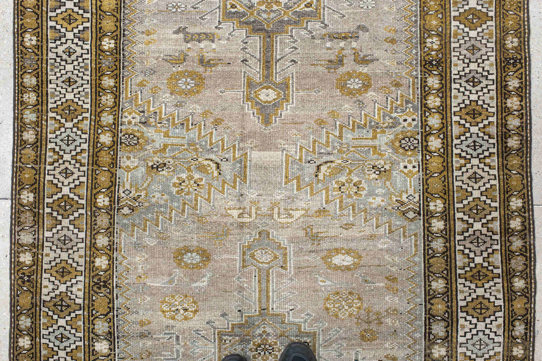 4' x 15' one-of-a-kind handmade vintage NW Persian runner rug. Color palette: black, dim gray, gray, light gray, off-white