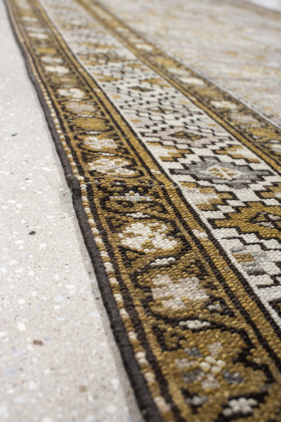 4' x 15' one-of-a-kind handmade vintage NW Persian runner rug. Color palette: ivory, taupe, camel, brown, slate, beige, gray
