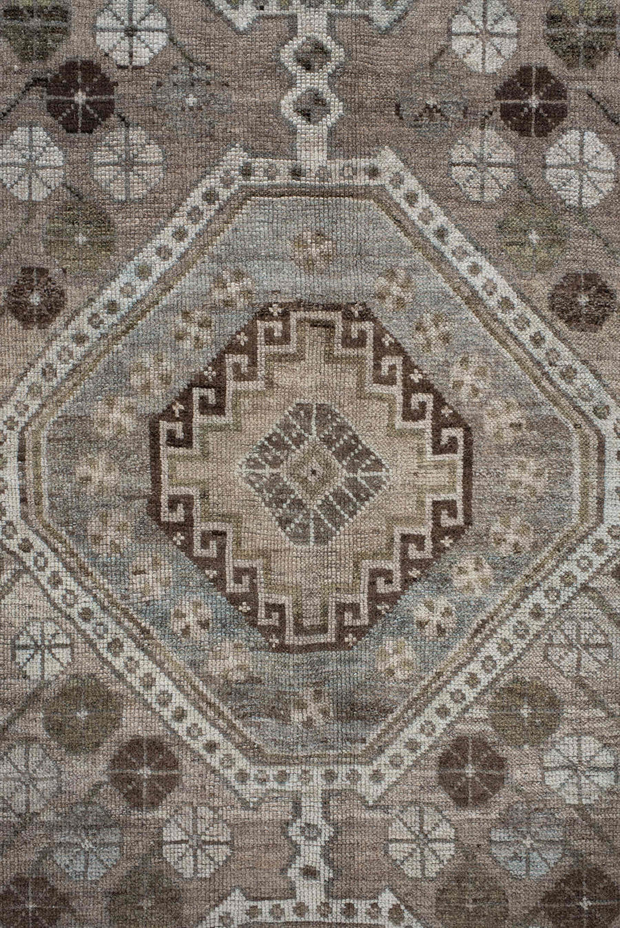 5' x 14' one-of-a-kind handmade antique Shiraz rug. Color palette: taupe, ivory, brown, slate, camel, charcoal, sage, beige
