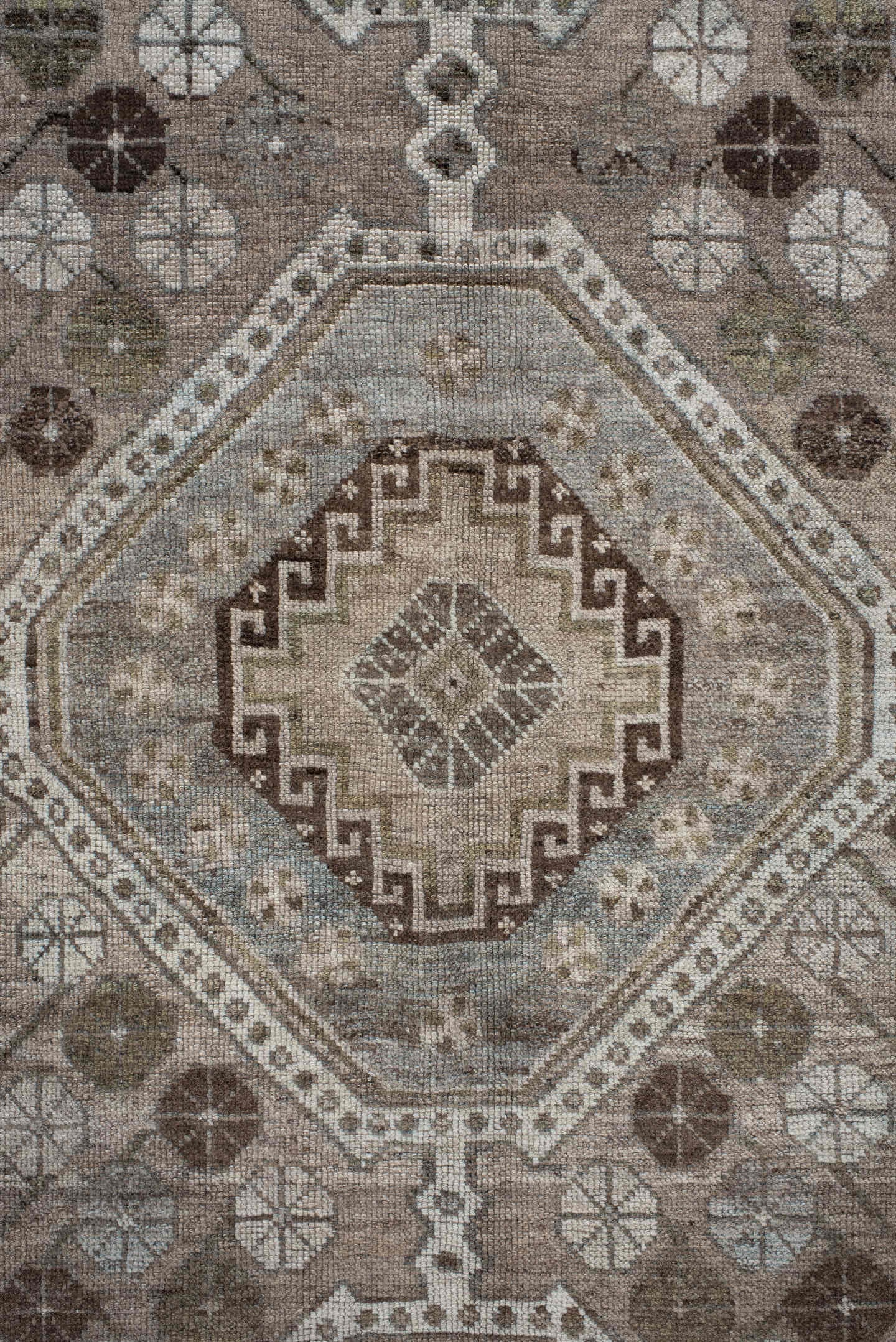 5' x 14' one-of-a-kind handmade antique Shiraz rug. Color palette: taupe, ivory, brown, slate, camel, charcoal, sage, beige