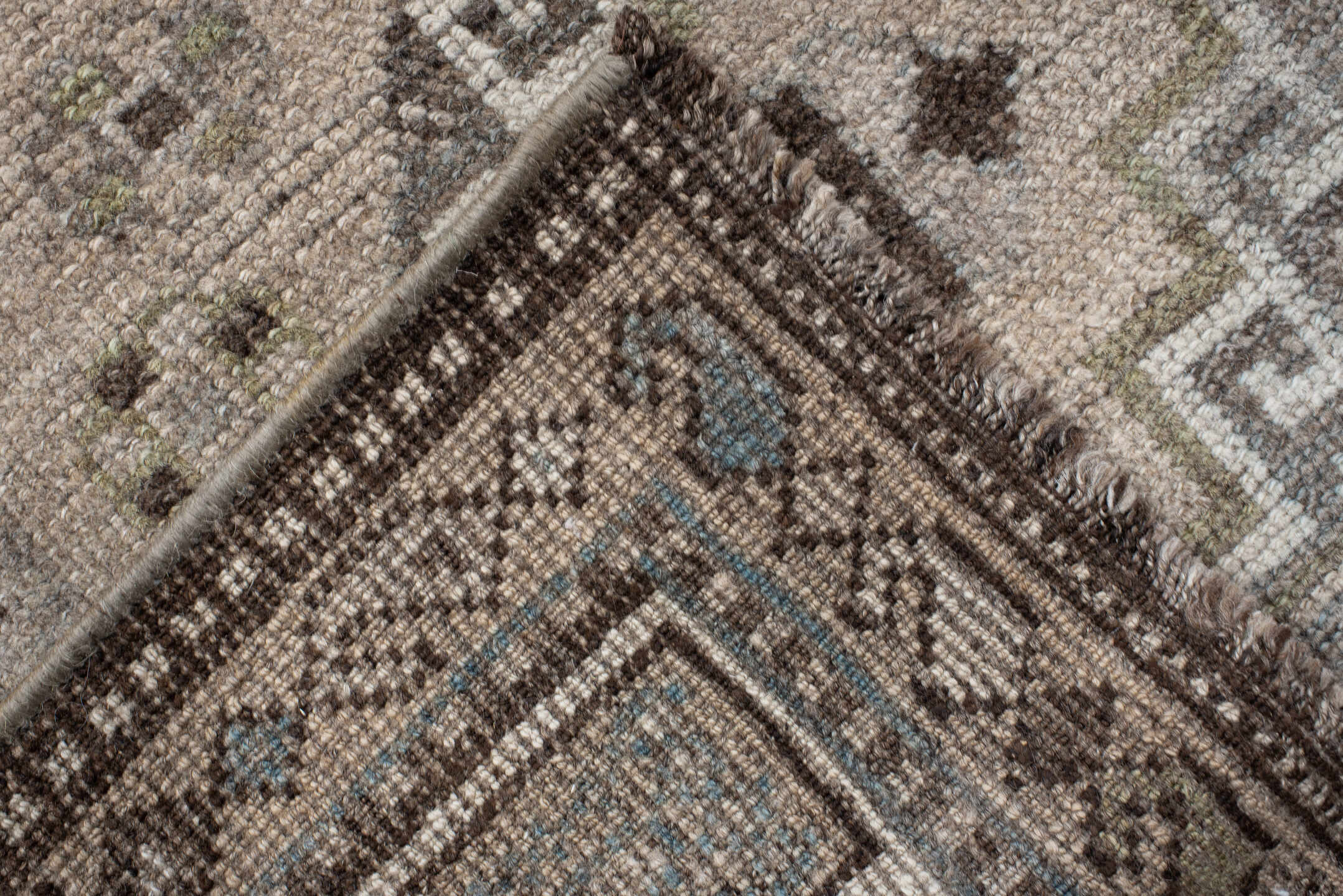 5' x 14' one-of-a-kind handmade antique Shiraz rug. Color palette: taupe, ivory, brown, slate, camel, charcoal, sage, beige
