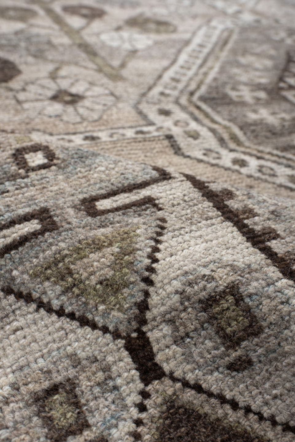 5' x 14' one-of-a-kind handmade antique Shiraz rug. Color palette: taupe, ivory, brown, slate, camel, charcoal, sage, beige