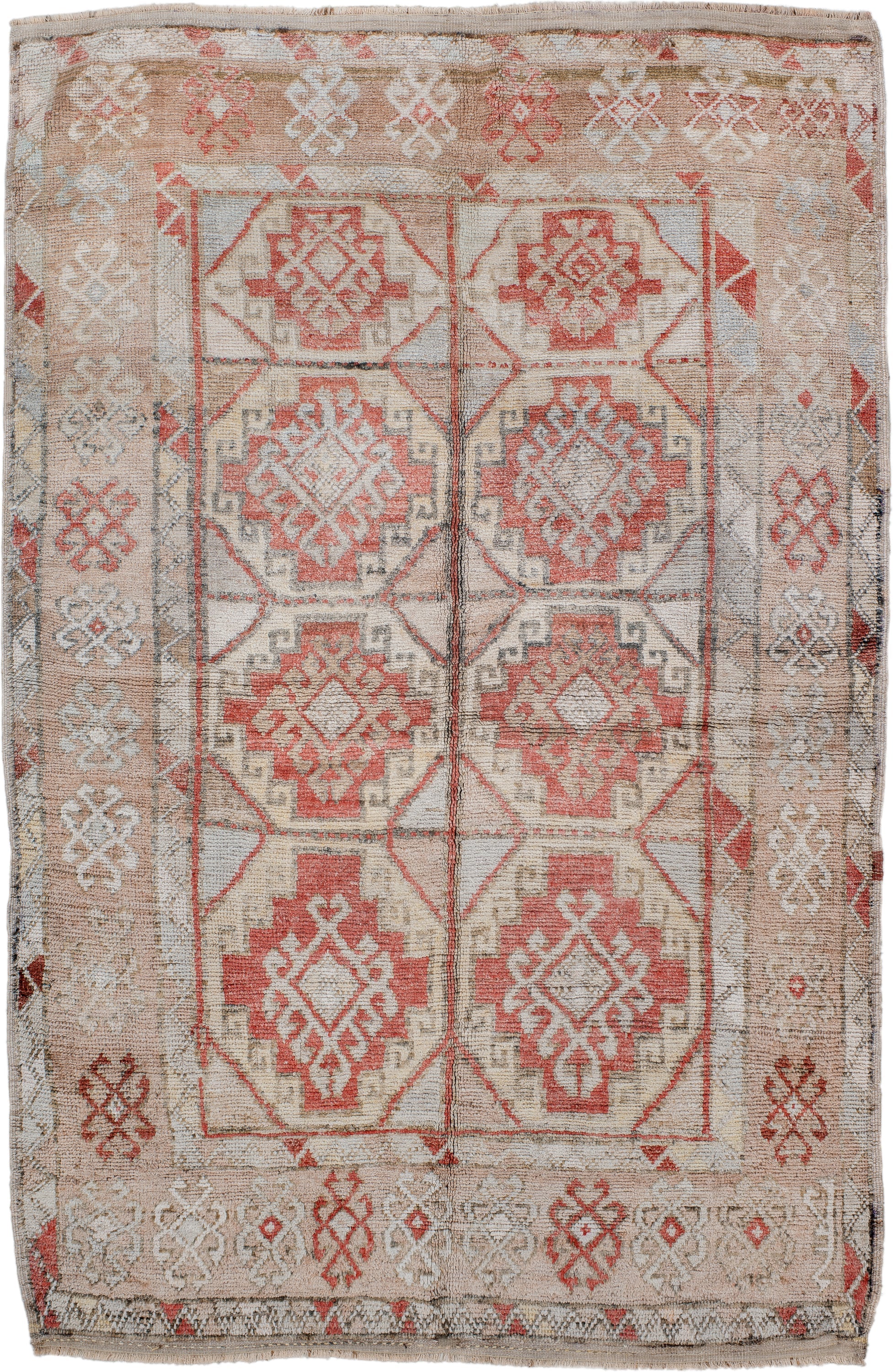 4' x 7' one-of-a-kind handmade antique Anatolian rug. Color palette: ivory, camel, coral, taupe, faded red, light gray
