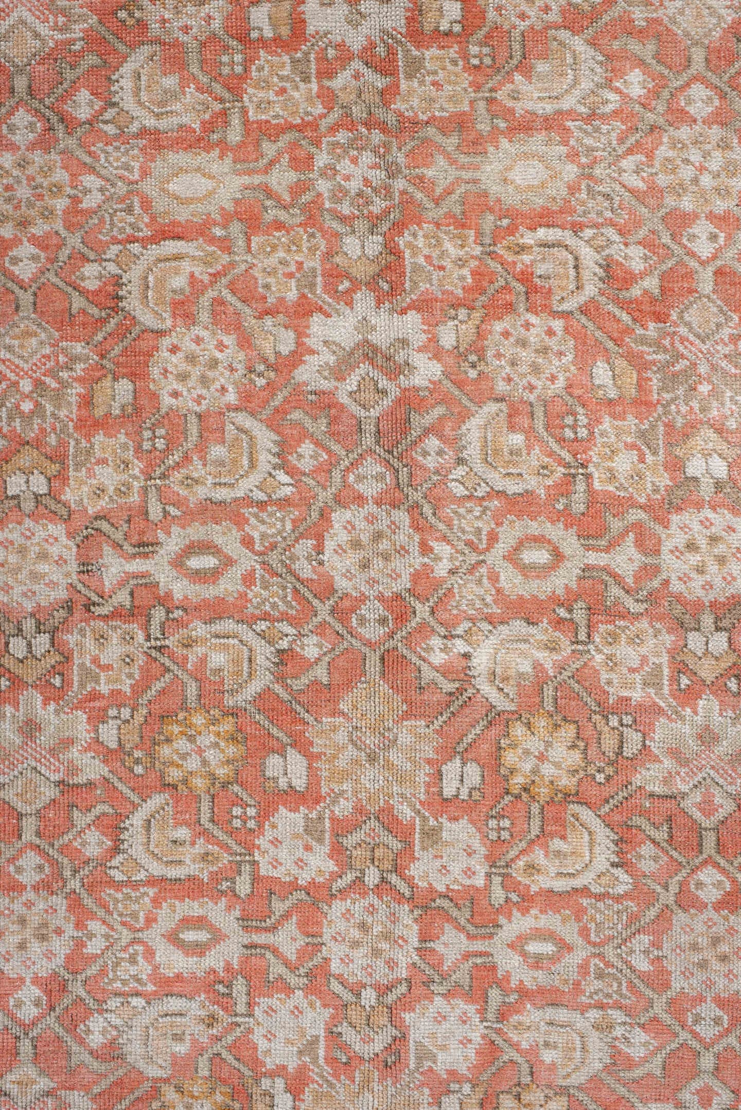 5' x 12' one-of-a-kind handmade antique Karabagh rug. Color palette: coral, ivory, taupe, rose, beige, camel, terracotta