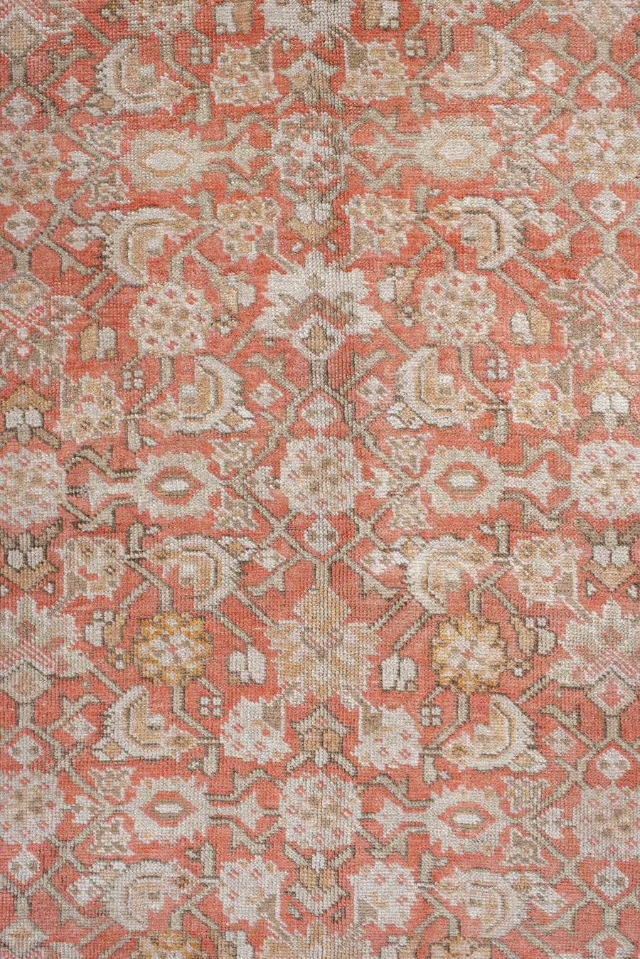 5' x 12' one-of-a-kind handmade antique Karabagh rug. Color palette: coral, ivory, taupe, rose, beige, camel, terracotta