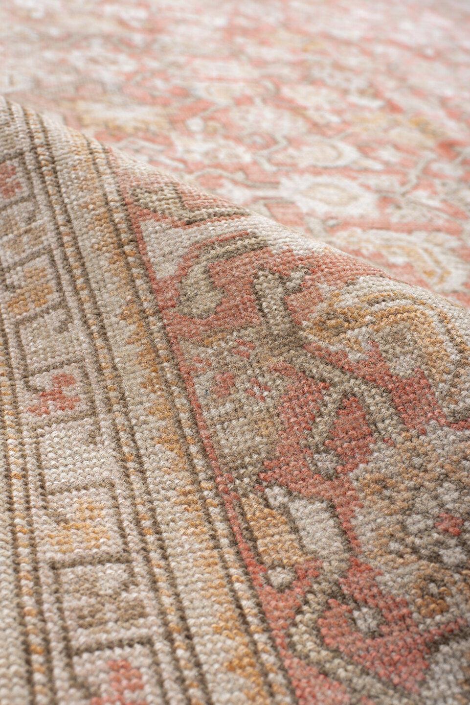 5' x 12' one-of-a-kind handmade antique Karabagh rug. Color palette: coral, ivory, taupe, rose, beige, camel, terracotta