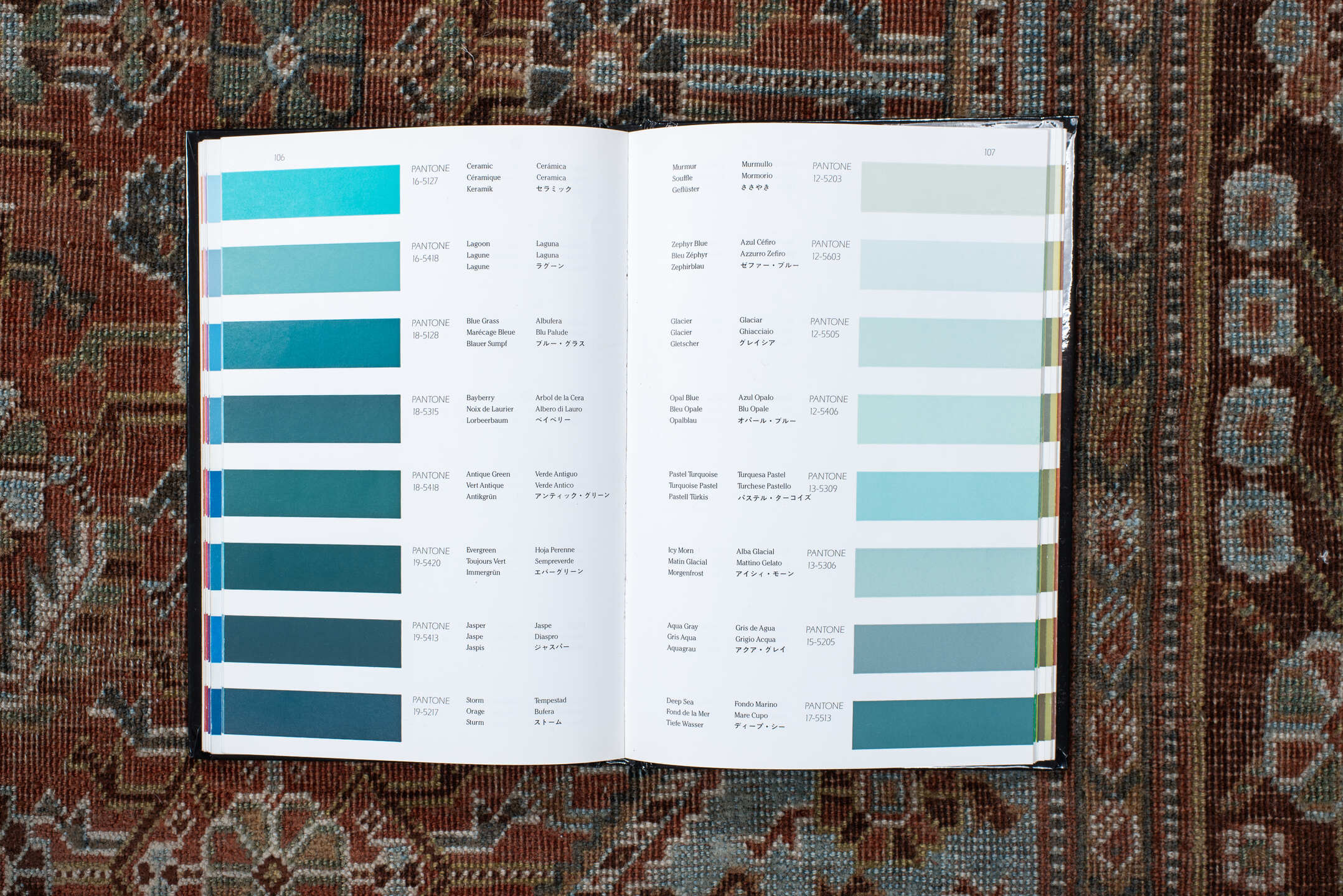 4' x 7' one-of-a-kind handmade vintage Qashqai rug. Color palette: terra cotta, pale blue, ivory, dark brown, slate, taupe