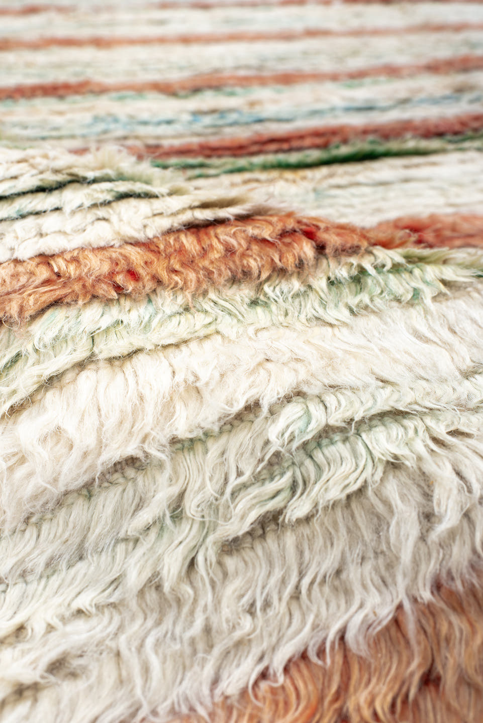 5' x 7' one-of-a-kind handmade vintage Moroccan rug. Color palette: ivory, coral, aqua, saffron, green, rust, terracotta