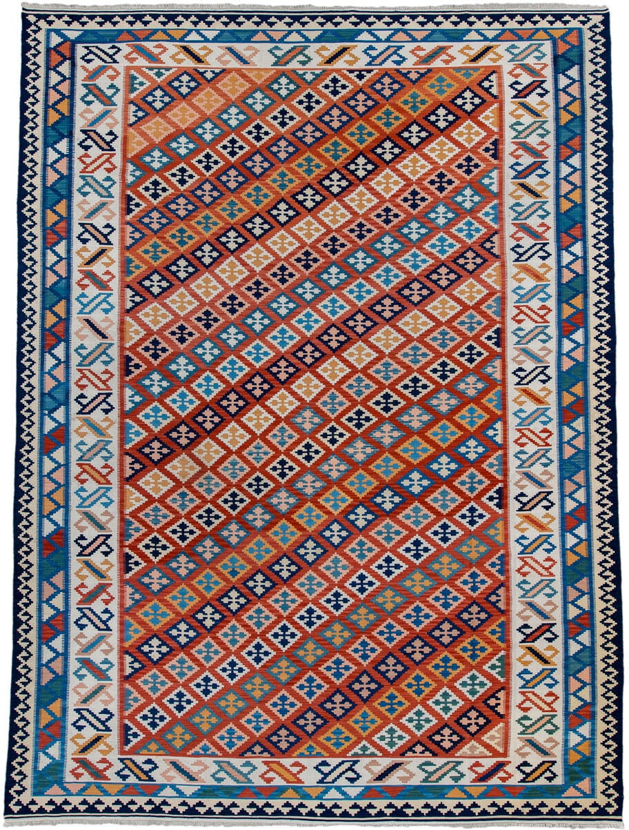 9' x 13' one-of-a-kind handmade vintage Kilim large size rug. Color palette: terracotta, ivory, navy, sky_blue, gold, teal