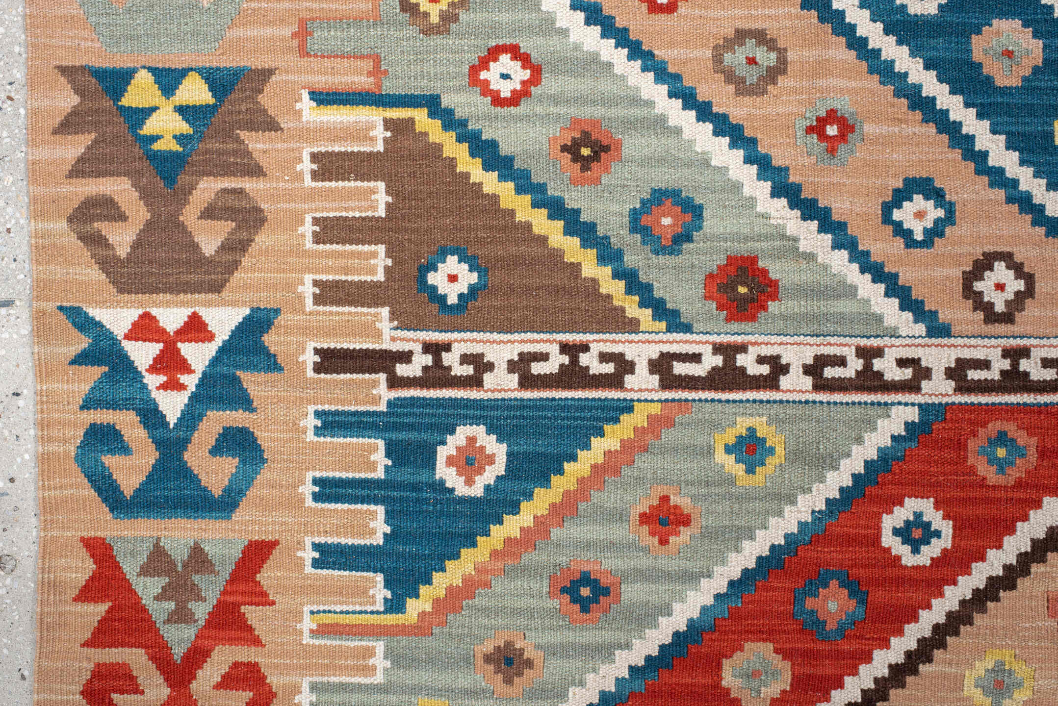 8' x 9' one-of-a-kind handmade vintage Kilim rug. Color palette: arapawa, black, blue, brown, charcoal, gray, light gray