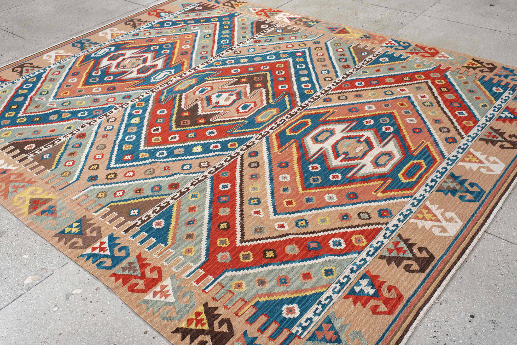 8' x 9' one-of-a-kind handmade vintage Kilim rug. Color palette: arapawa, black, blue, brown, charcoal, gray, light gray