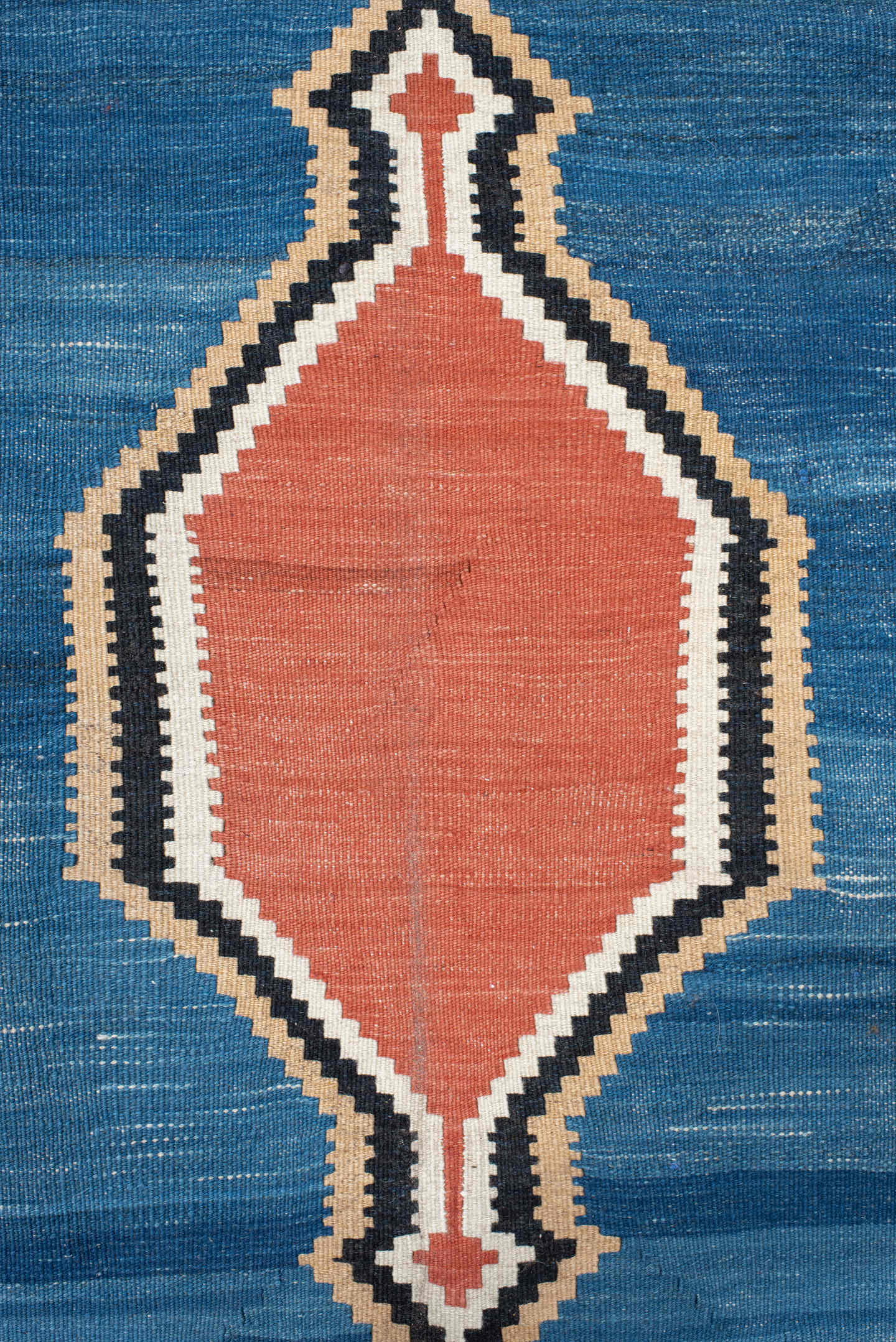 6' x 10' one-of-a-kind handmade antique Kilim large size rug. Color palette: blue, terra cotta, ivory, olive, charcoal