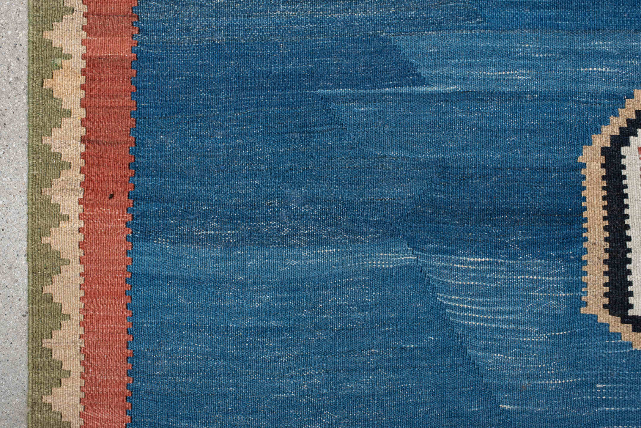 6' x 10' one-of-a-kind handmade antique Kilim large size rug. Color palette: blue, terra cotta, ivory, olive, charcoal