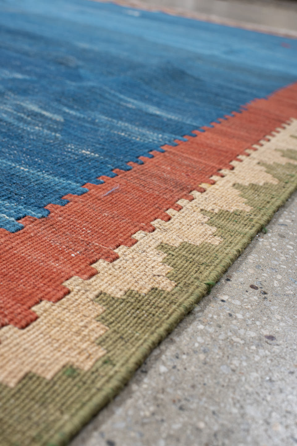 6' x 10' one-of-a-kind handmade antique Kilim large size rug. Color palette: blue, terra cotta, ivory, olive, charcoal