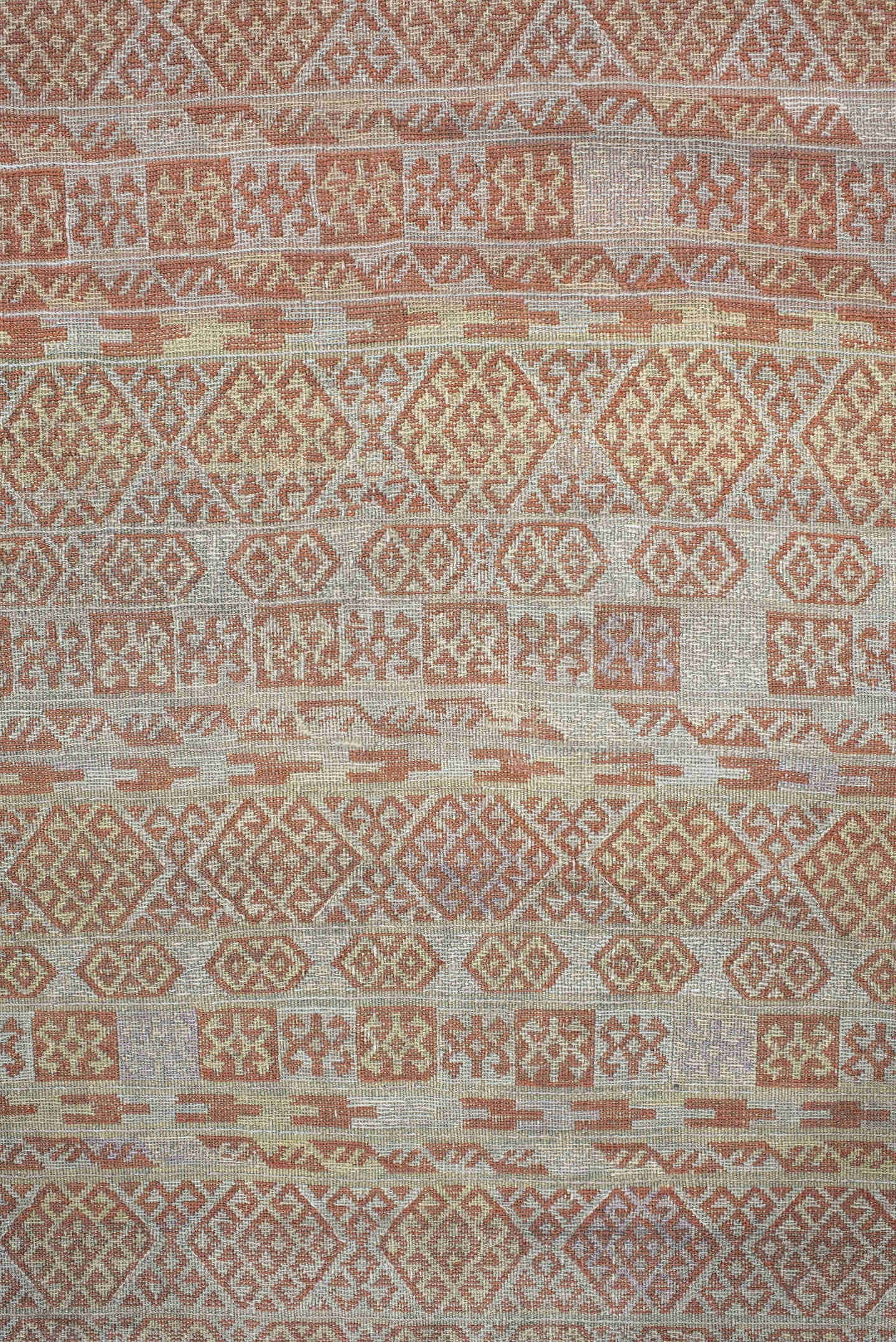 3' x 6' one-of-a-kind handmade antique Sumak runner rug. Color palette: ivory, terra cotta, camel, taupe, terracotta, brown