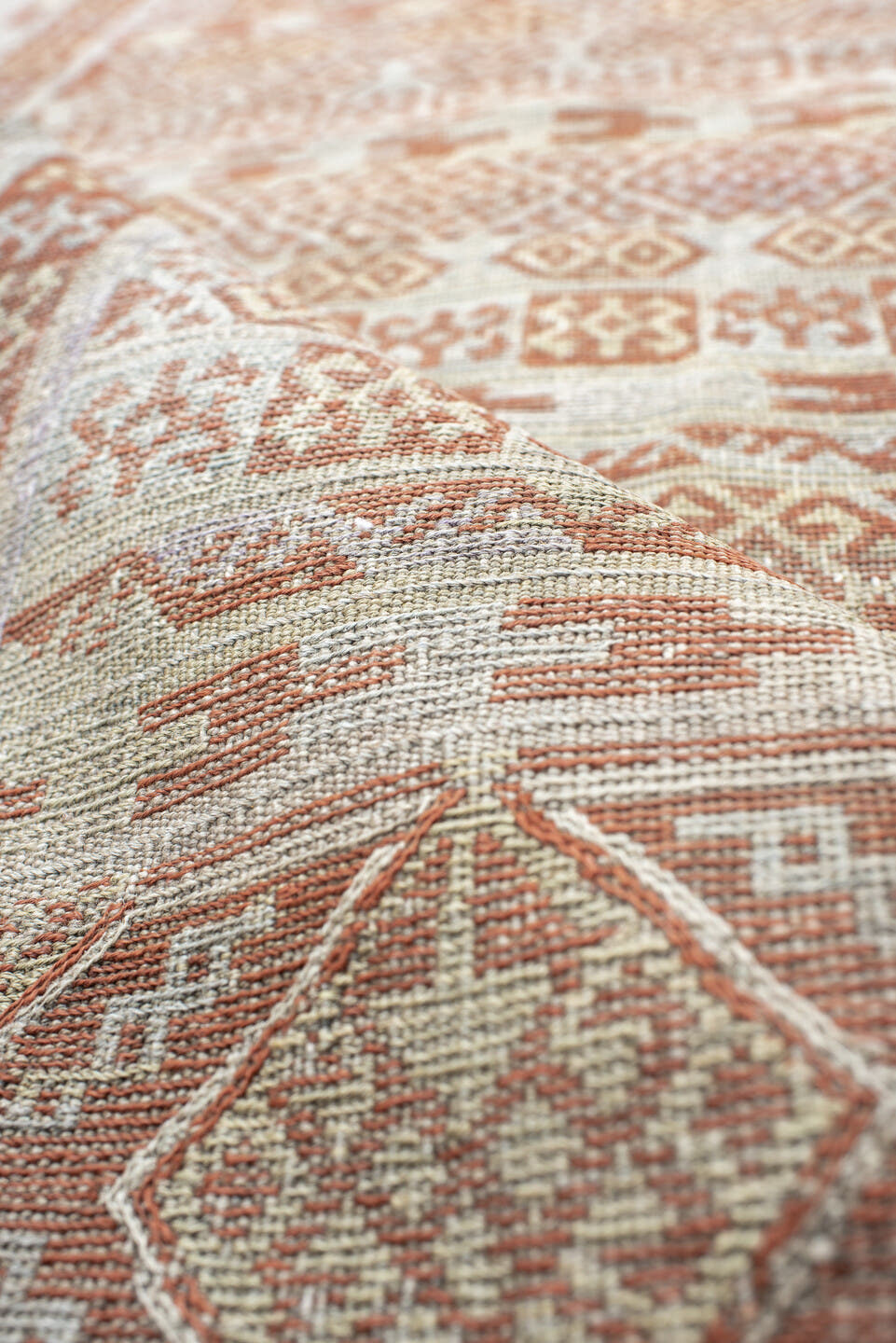 3' x 6' one-of-a-kind handmade antique Sumak runner rug. Color palette: ivory, terra cotta, camel, taupe, terracotta, brown