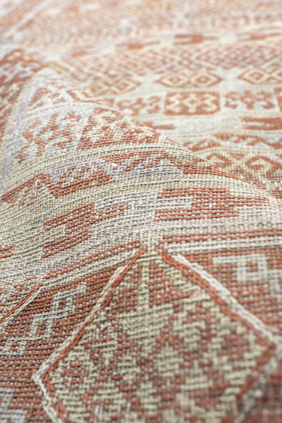 3' x 6' one-of-a-kind handmade antique Sumak runner rug. Color palette: ivory, terra cotta, camel, taupe, terracotta, brown