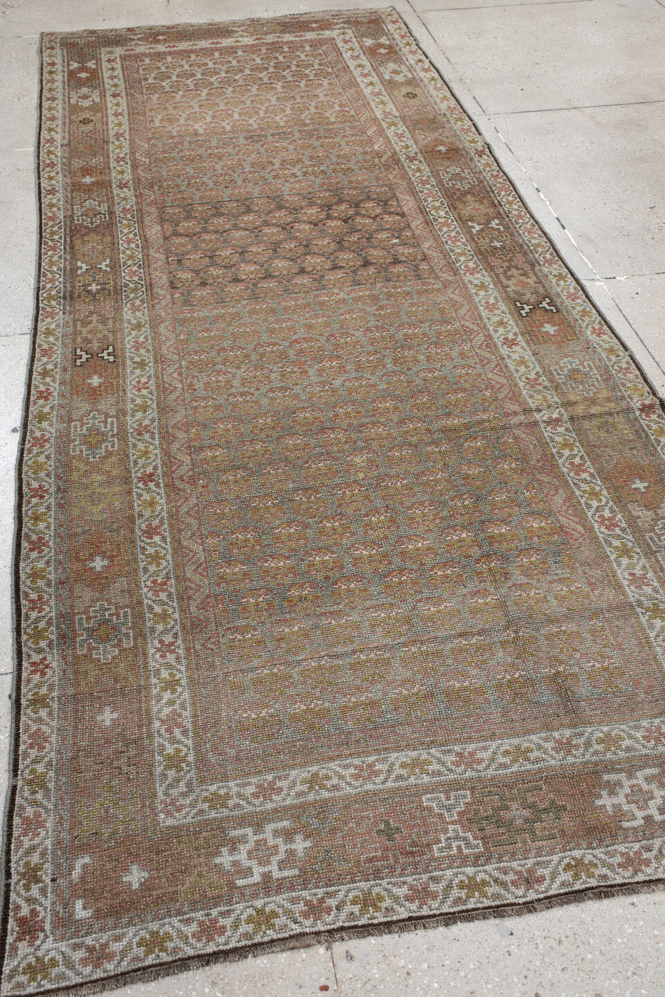 4' x 11' one-of-a-kind handmade vintage NW Persian runner rug. Color palette: taupe, camel, ivory, rust, brown, sage, beige